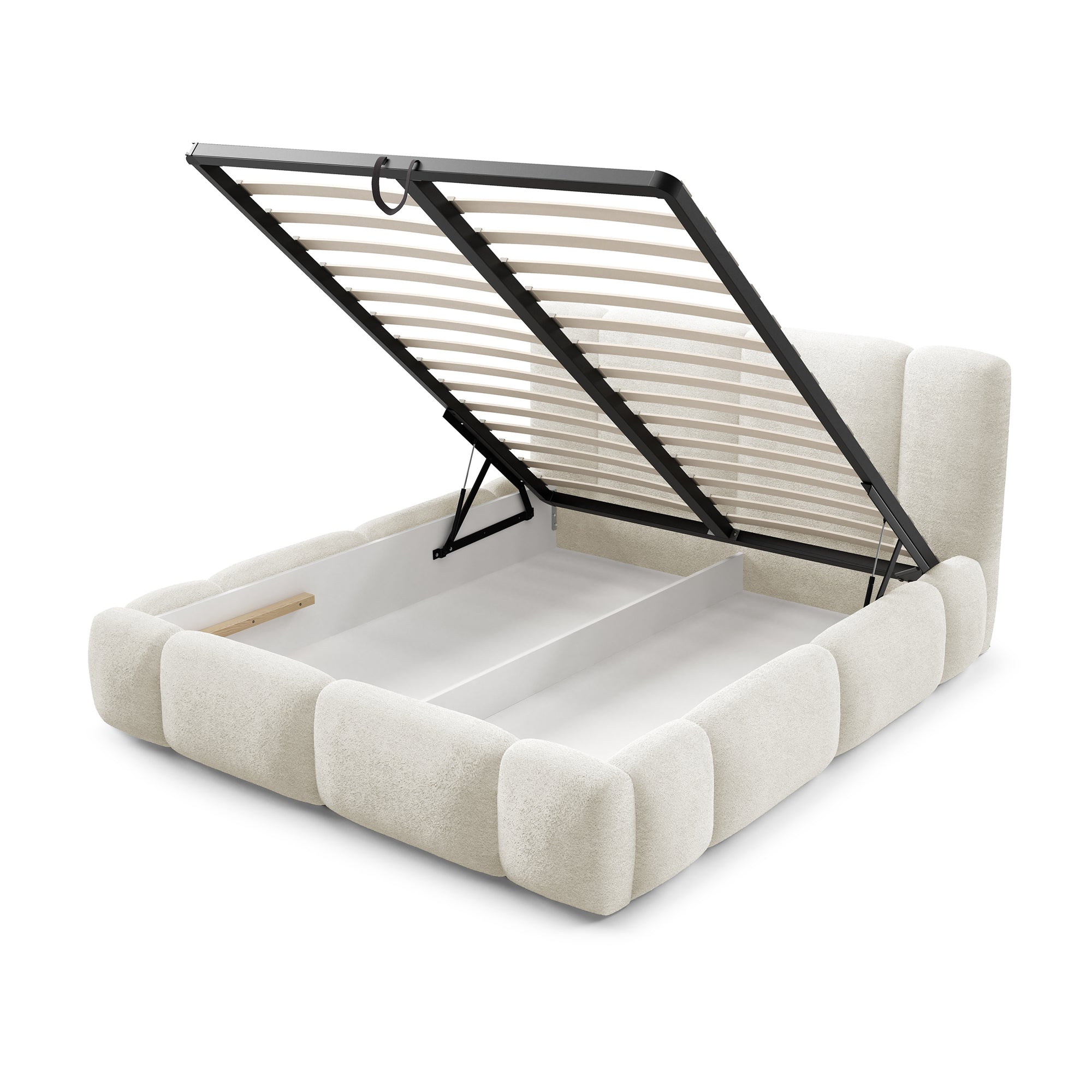 Łóżko tapicerowane z pojemnikiem w różnych rozmiarach w stylu japandi - LED, zagłówek segmentowy | Neria