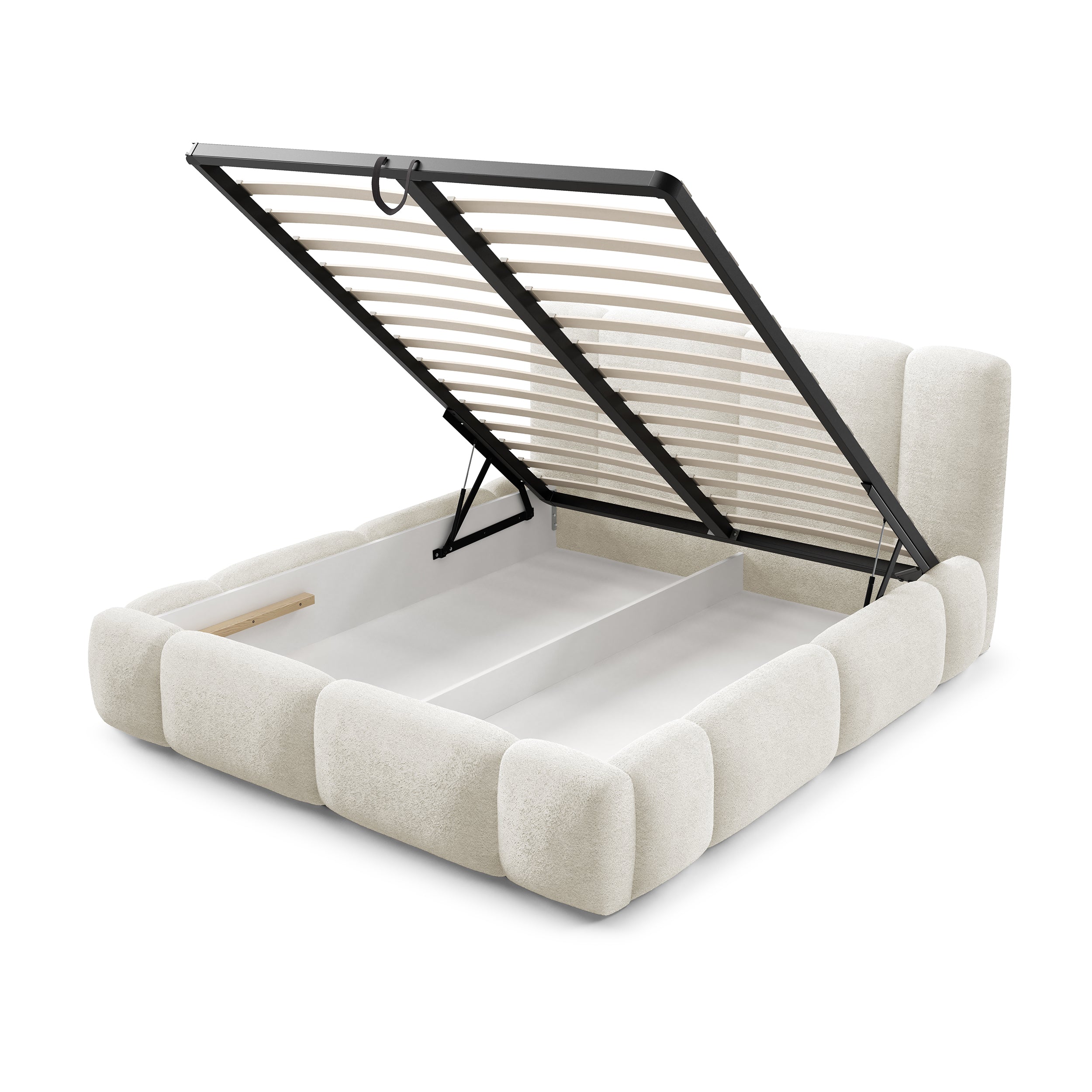 Łóżko tapicerowane z pojemnikiem w różnych rozmiarach w stylu japandi - LED, zagłówek segmentowy | Neria