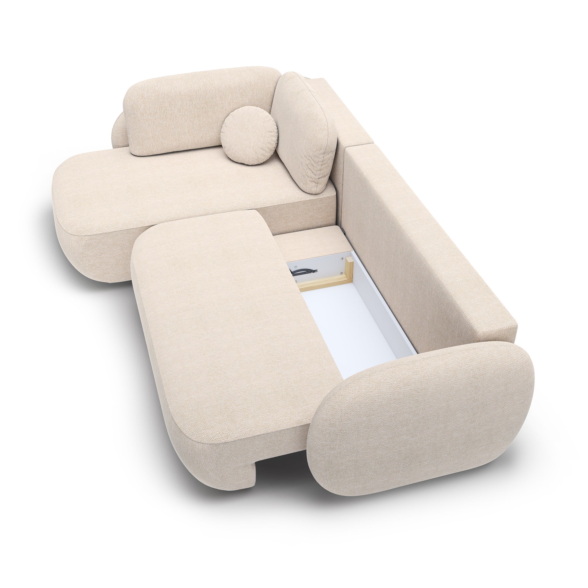 Narożnik z funkcją spania o powierzchni 123x250 w stylu organic modern - tkanina Aragon, zaokrąglona forma, dekoracyjne poduszki | OLEMO