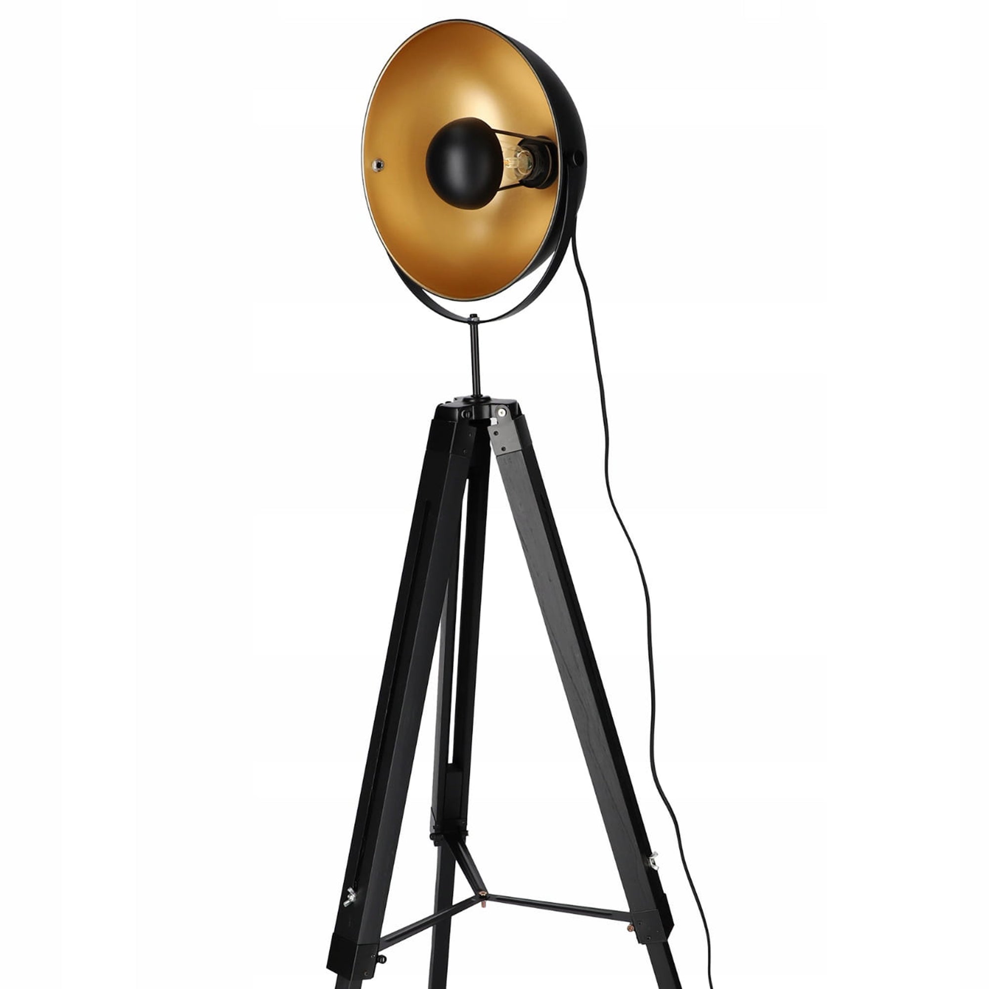Lampa podłogowa reflektor na trójnogu w stylu retro – regulowany, metalowy klosz, czarno-złota | Reflecto