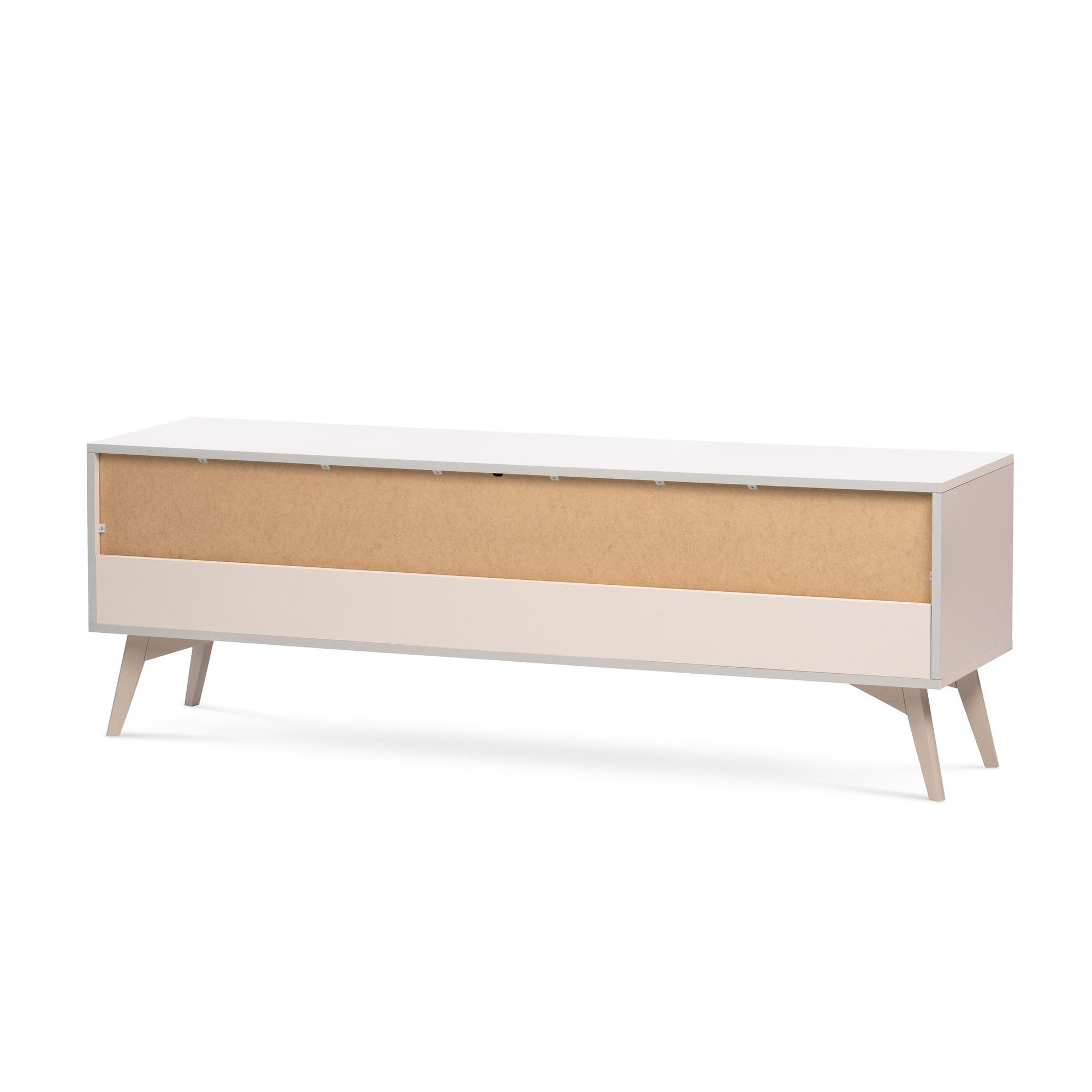 Szafka RTV 158x52 w stylu boho - fronty w jodełkę scandi, złote uchwyty, drewniane nogi | Mandala