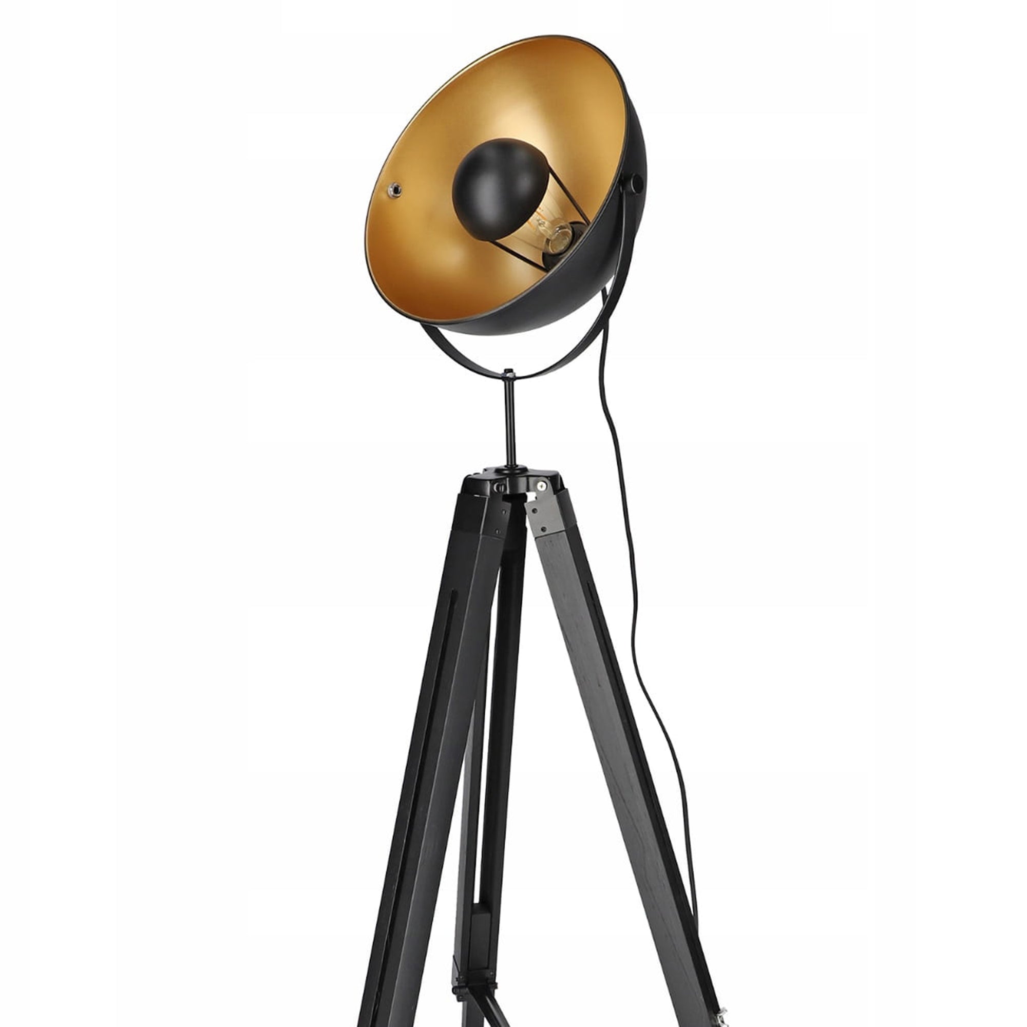 Lampa podłogowa reflektor na trójnogu w stylu retro – regulowany, metalowy klosz, czarno-złota | Reflecto