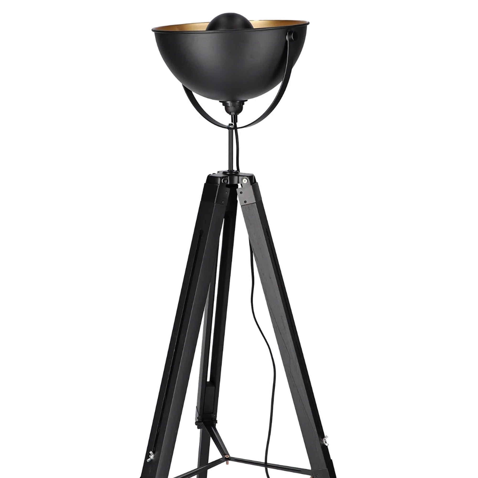 Lampa podłogowa reflektor na trójnogu w stylu retro – regulowany, metalowy klosz, czarno-złota | Reflecto