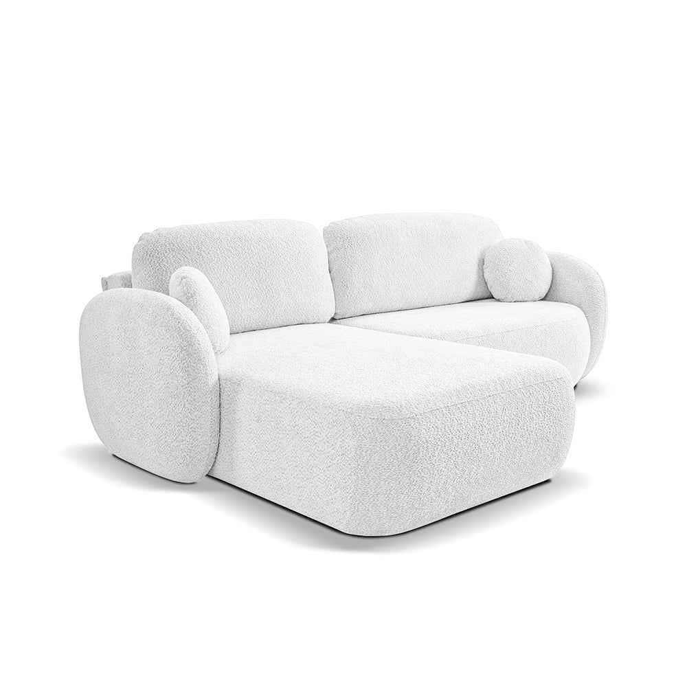 Narożnik 4-osobowy z funkcją spania w stylu minimalistycznym – Tkanina Abriamo, automat DL, tapicerowane plecy | OLEMO Lewostornna Poranna Biel (ABRIAMO 04)