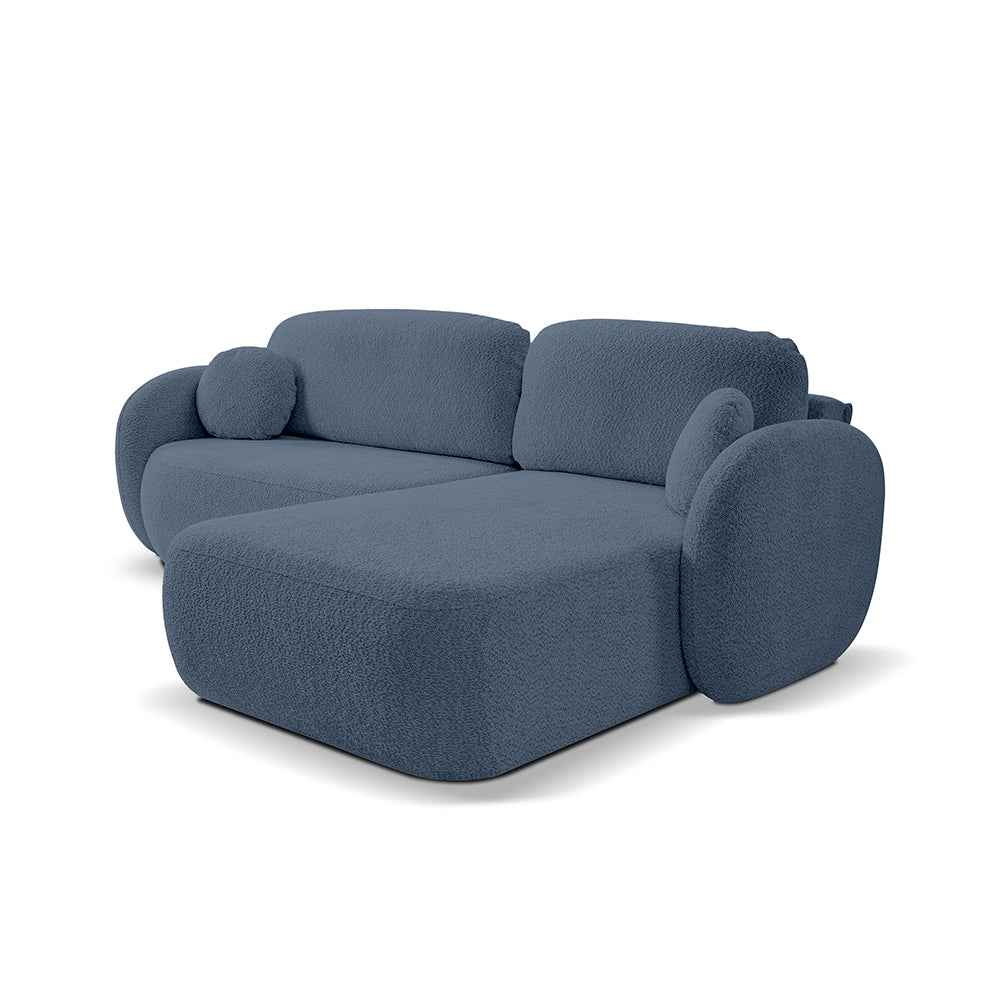 Narożnik 4-osobowy z funkcją spania w stylu minimalistycznym – Tkanina Abriamo, automat DL, tapicerowane plecy | OLEMO Prawostronna Kobaltowy Cień (ABRIAMO 14)