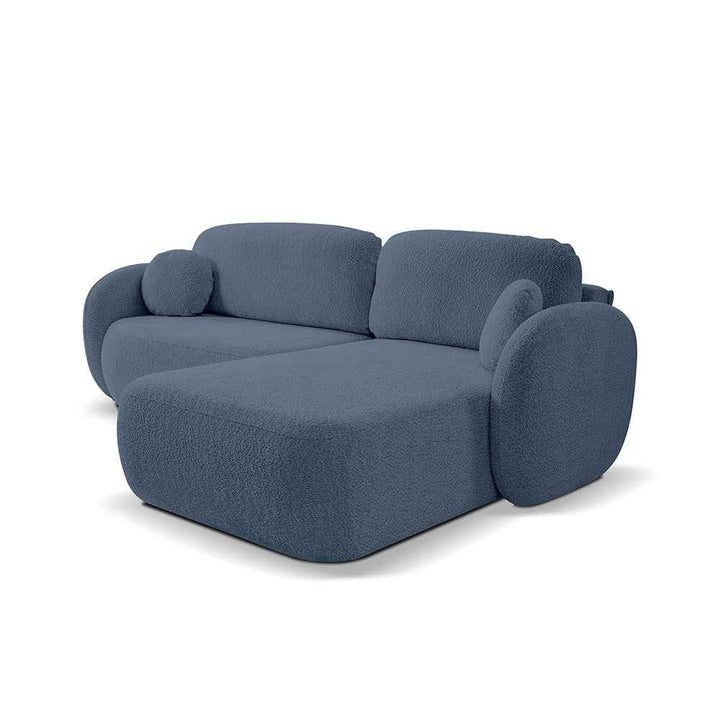 Narożnik 4-osobowy z funkcją spania w stylu minimalistycznym – Tkanina Abriamo, automat DL, tapicerowane plecy | OLEMO Prawostronna Kobaltowy Cień (ABRIAMO 14)