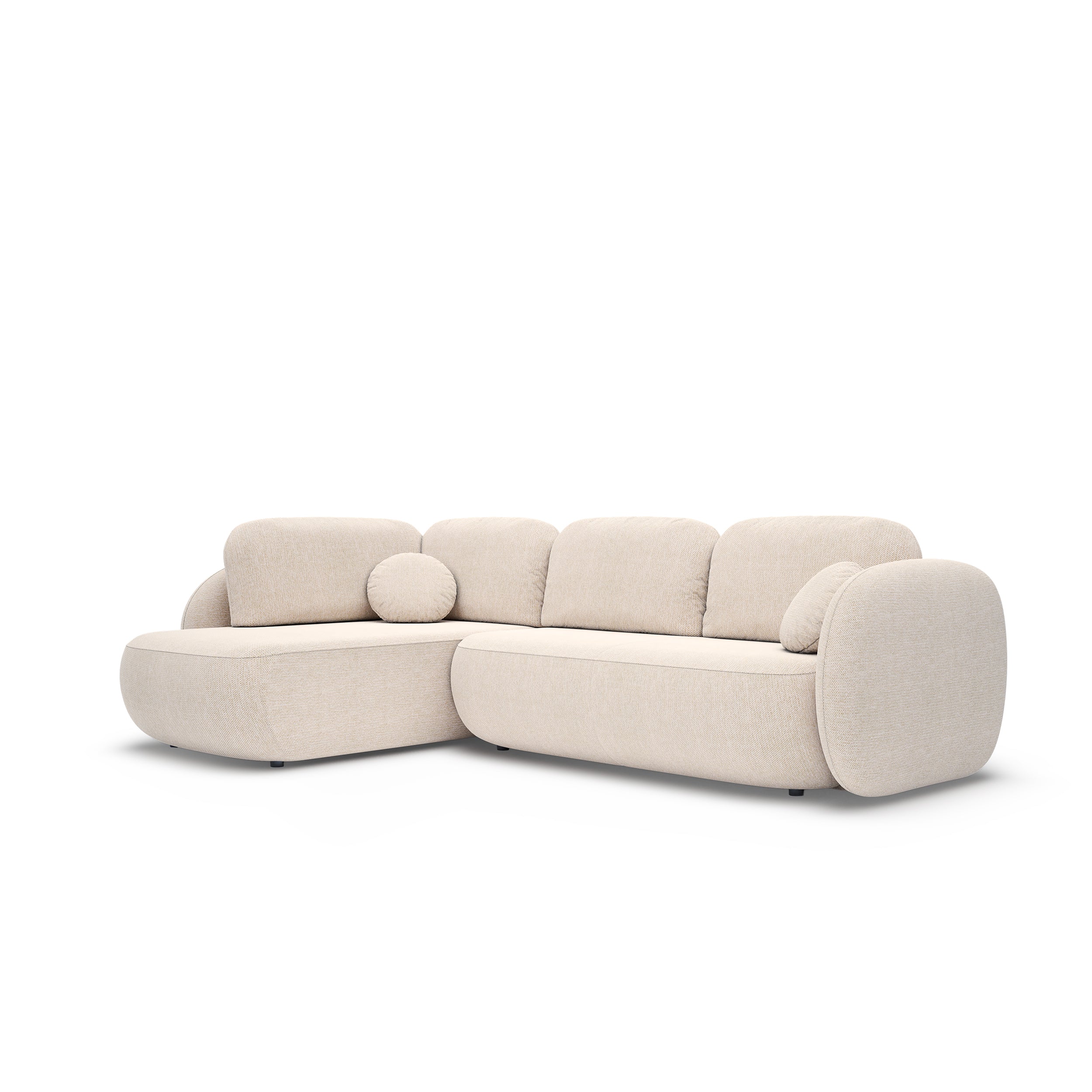Narożnik z funkcją spania o powierzchni 123x250 w stylu organic modern - tkanina Aragon, zaokrąglona forma, dekoracyjne poduszki | OLEMO Lewostronny Kremowy Taupe (ARAGON 03)