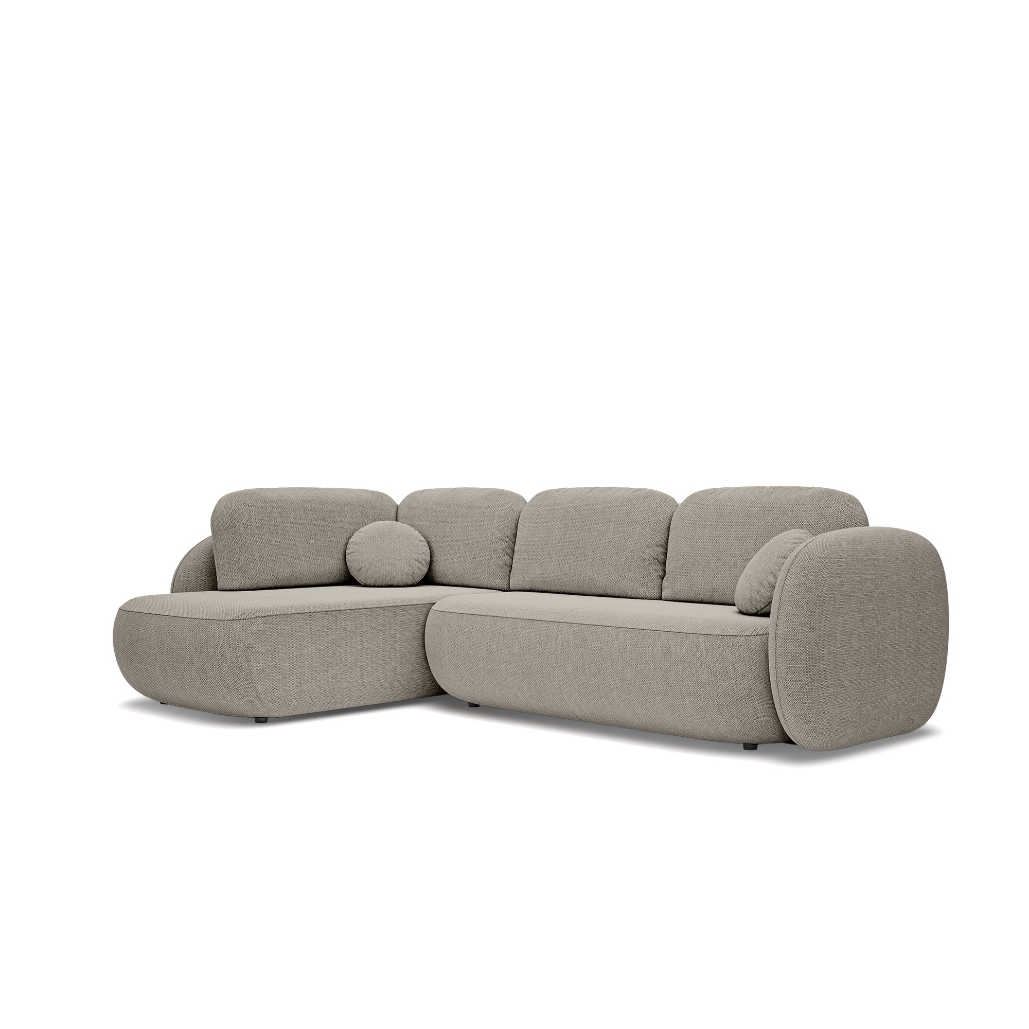 Narożnik z funkcją spania o powierzchni 123x250 w stylu organic modern - tkanina Aragon, zaokrąglona forma, dekoracyjne poduszki | OLEMO Lewostronny Kamienna Mgła (ARAGON 20)
