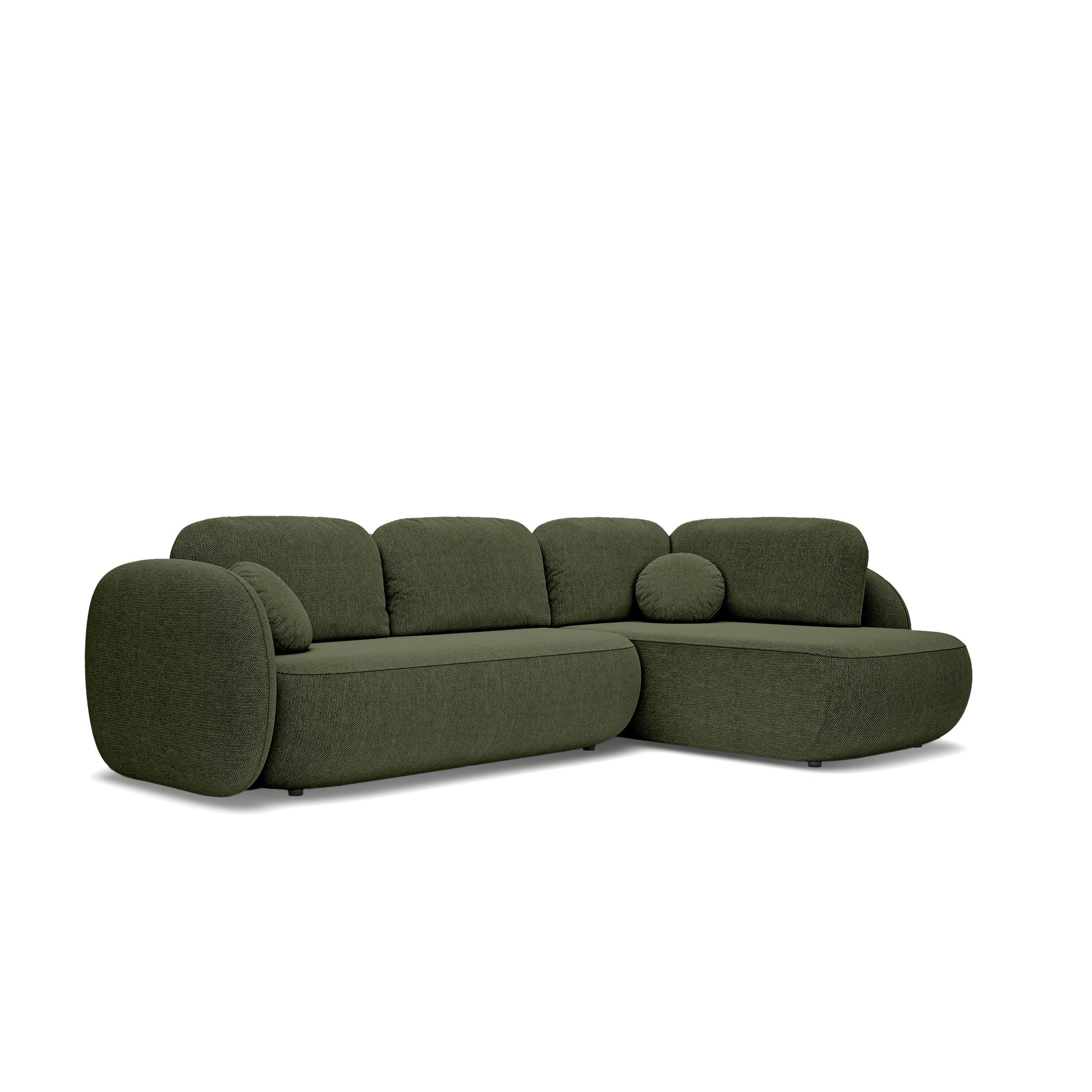 Narożnik z funkcją spania o powierzchni 123x250 w stylu organic modern - tkanina Aragon, zaokrąglona forma, dekoracyjne poduszki | OLEMO Prawostronny Cisowa Zieleń (ARAGON 39)