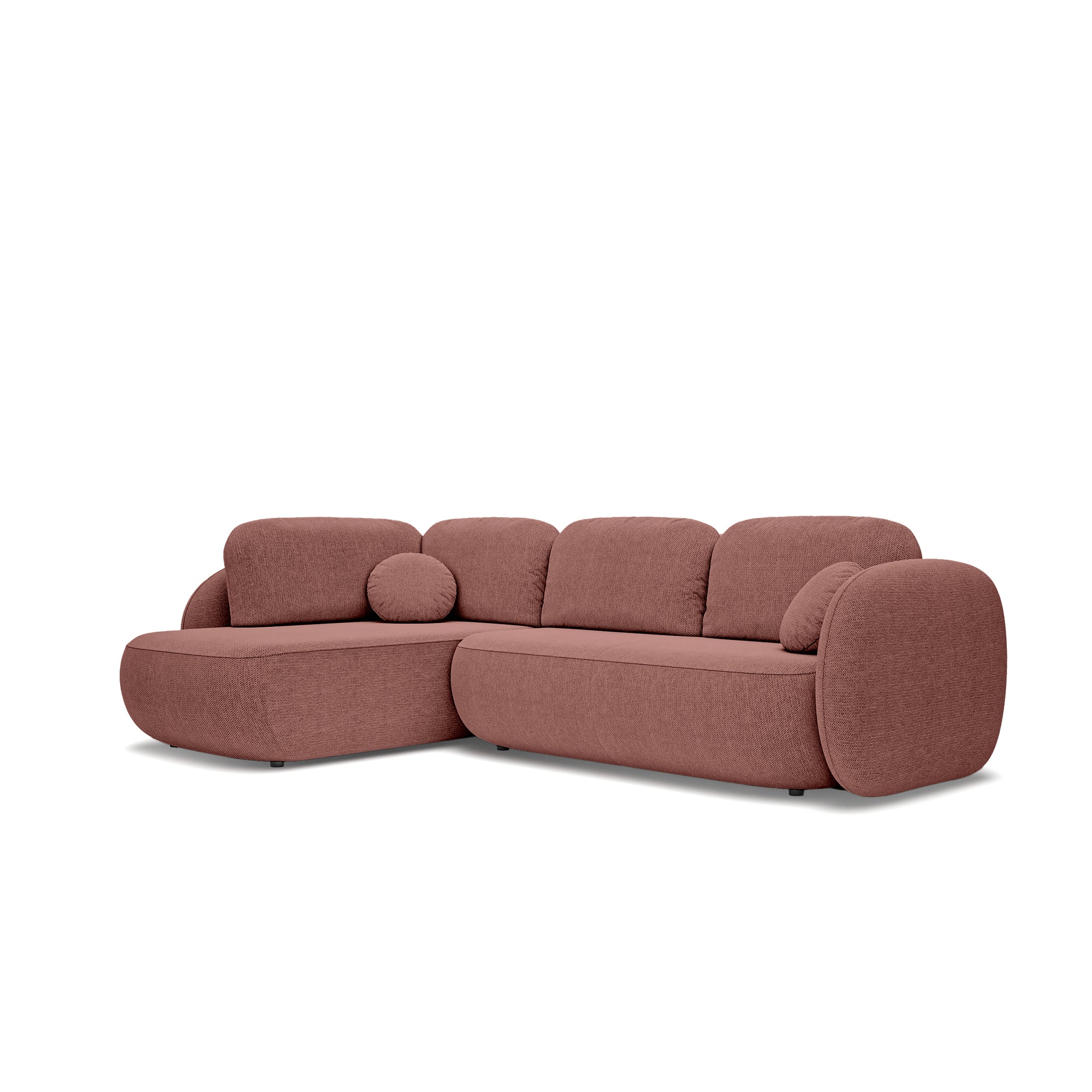Narożnik z funkcją spania o powierzchni 123x250 w stylu organic modern - tkanina Aragon, zaokrąglona forma, dekoracyjne poduszki | OLEMO Lewostronny Rubinowa Sepia (ARAGON 59)