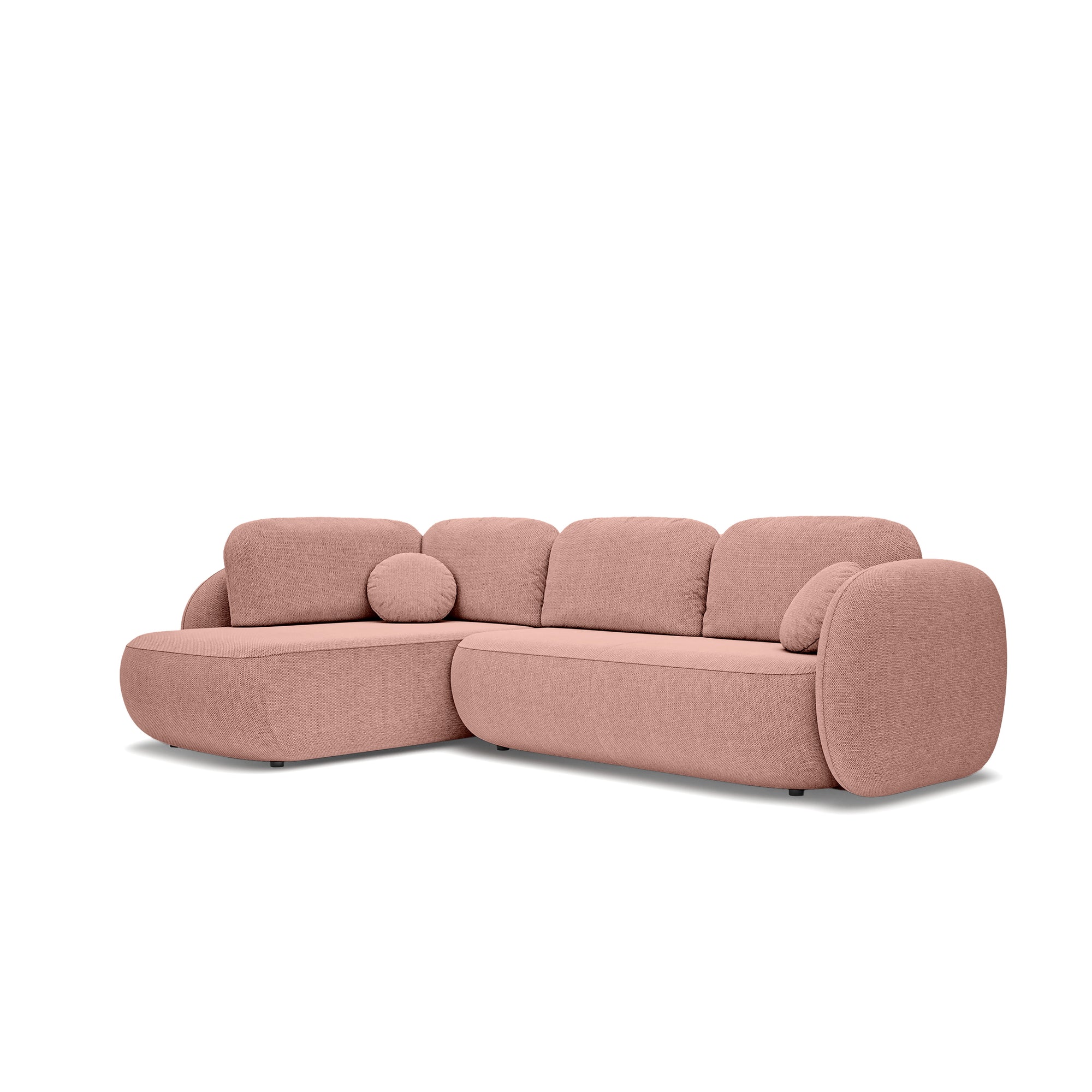 Narożnik z funkcją spania o powierzchni 123x250 w stylu organic modern - tkanina Aragon, zaokrąglona forma, dekoracyjne poduszki | OLEMO Lewostronny Różany Beż (ARAGON 62)