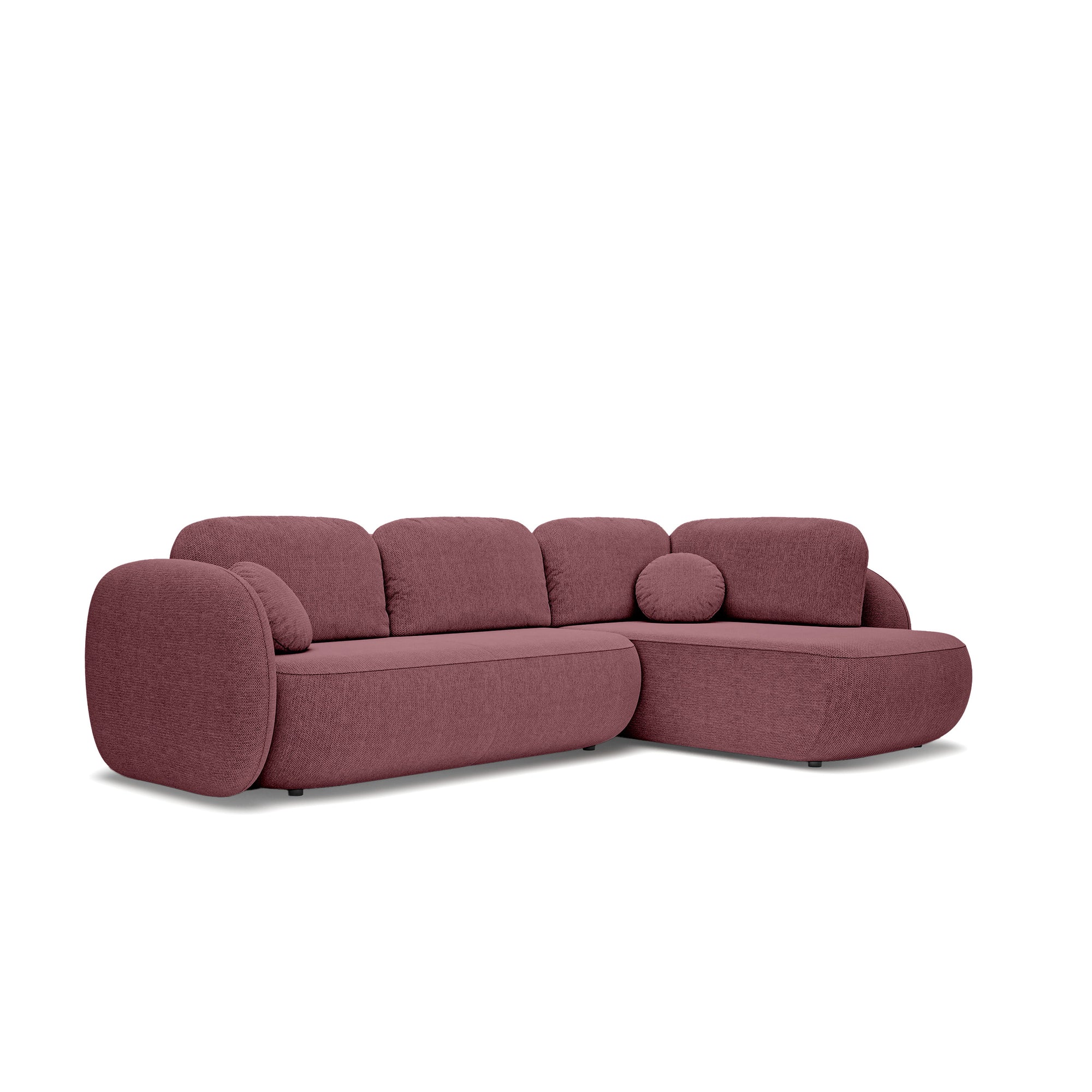 Narożnik z funkcją spania o powierzchni 123x250 w stylu organic modern - tkanina Aragon, zaokrąglona forma, dekoracyjne poduszki | OLEMO Prawostronny Bordowy Mat (ARAGON 69)