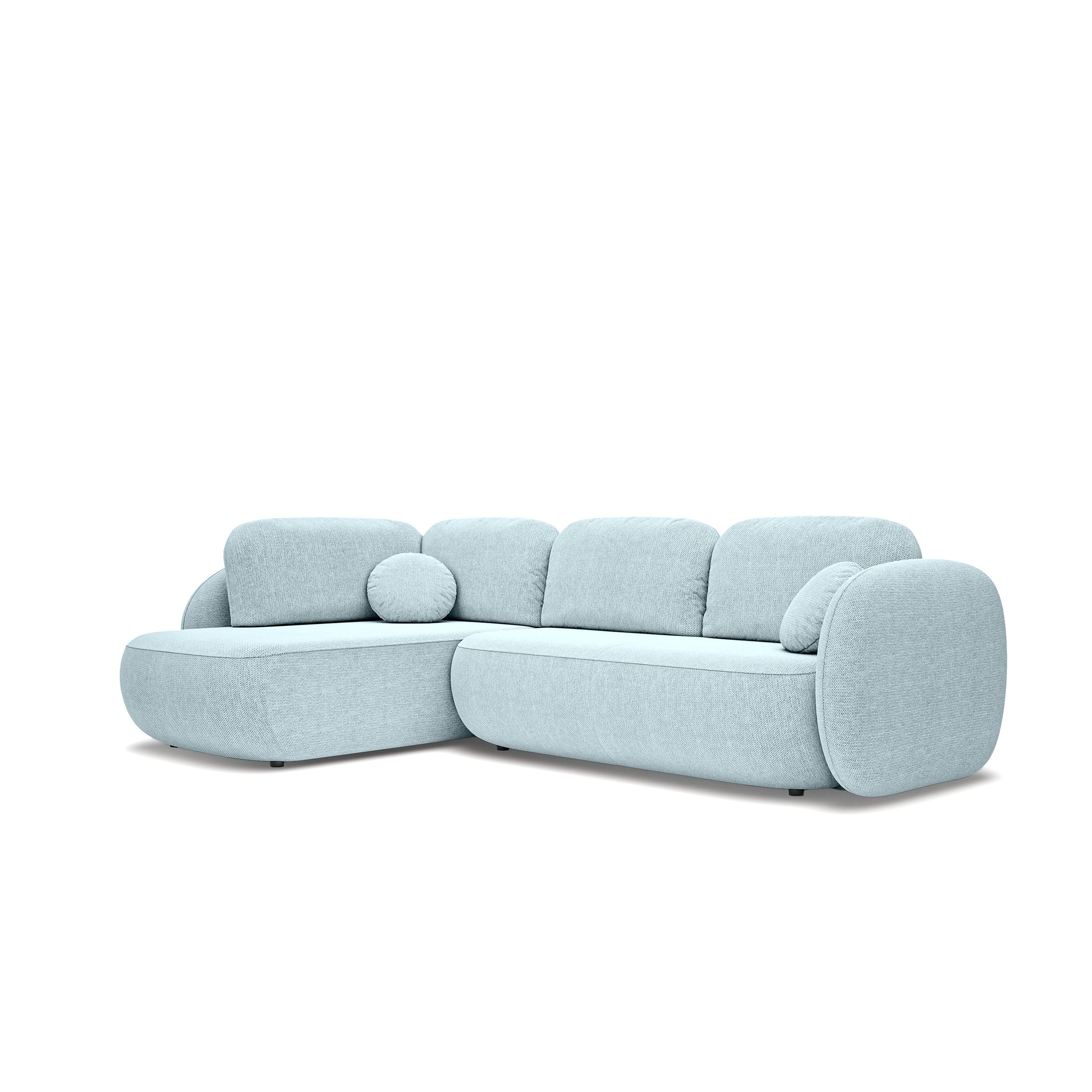 Narożnik z funkcją spania o powierzchni 123x250 w stylu organic modern - tkanina Aragon, zaokrąglona forma, dekoracyjne poduszki | OLEMO Lewostronny Lodowy Lazur (ARAGON 70)