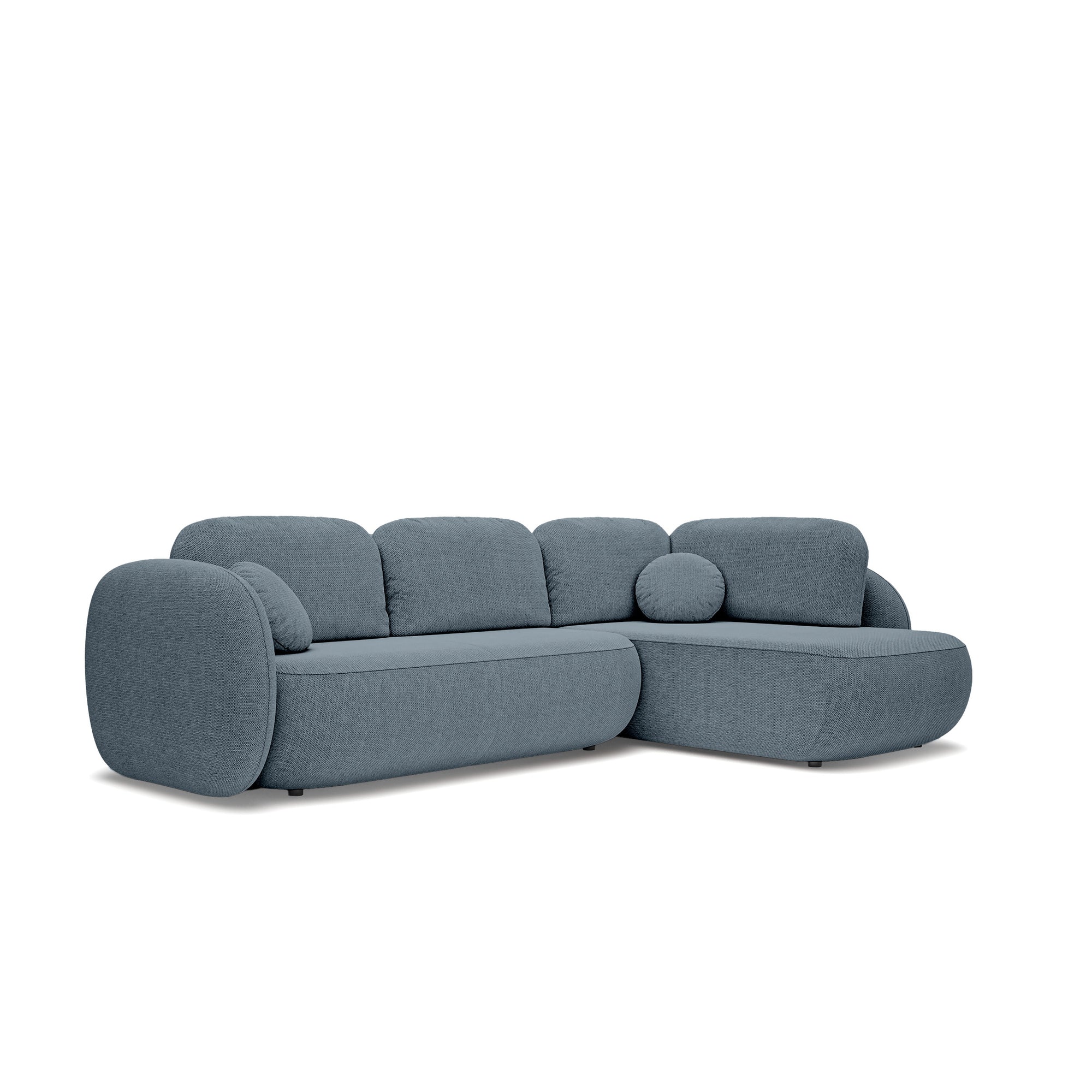 Narożnik z funkcją spania o powierzchni 123x250 w stylu organic modern - tkanina Aragon, zaokrąglona forma, dekoracyjne poduszki | OLEMO Prawostronny Granitowy Nurt (ARAGON 72)