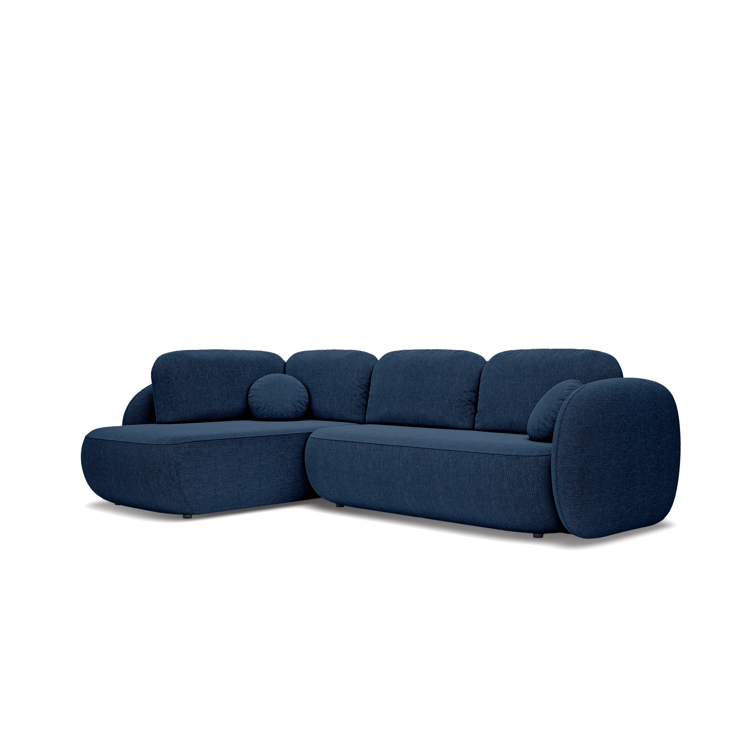 Narożnik z funkcją spania o powierzchni 123x250 w stylu organic modern - tkanina Aragon, zaokrąglona forma, dekoracyjne poduszki | OLEMO Lewostronny Atramentowy Granit (ARAGON 74)
