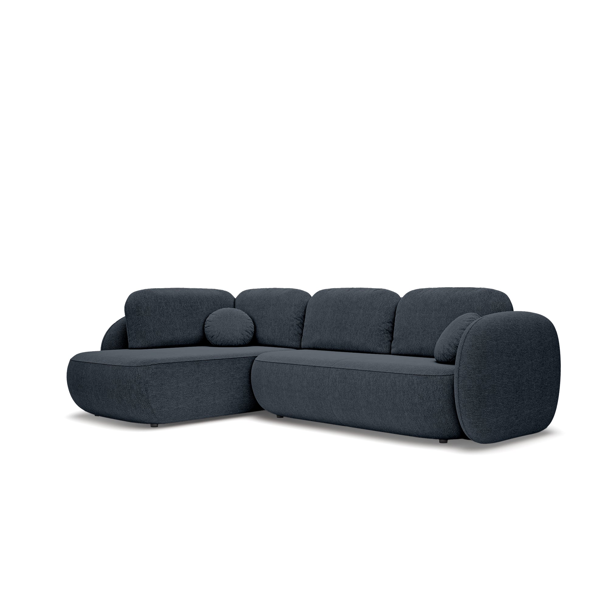 Narożnik z funkcją spania o powierzchni 123x250 w stylu organic modern - tkanina Aragon, zaokrąglona forma, dekoracyjne poduszki | OLEMO Lewostronny Nocny Lazur (ARAGON 79)