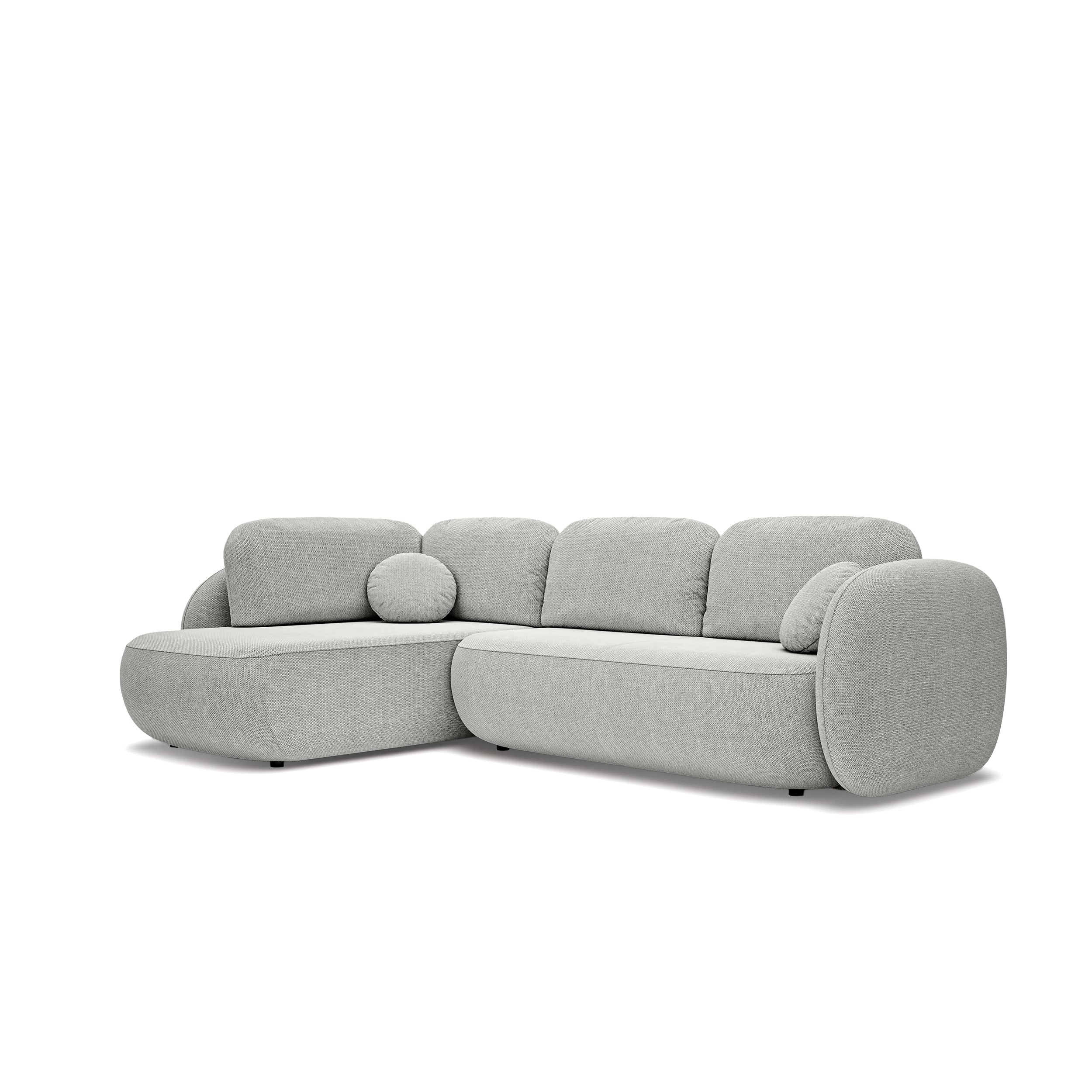Narożnik z funkcją spania o powierzchni 123x250 w stylu organic modern - tkanina Aragon, zaokrąglona forma, dekoracyjne poduszki | OLEMO Lewostronny Chłodny Taupe (ARAGON 80)