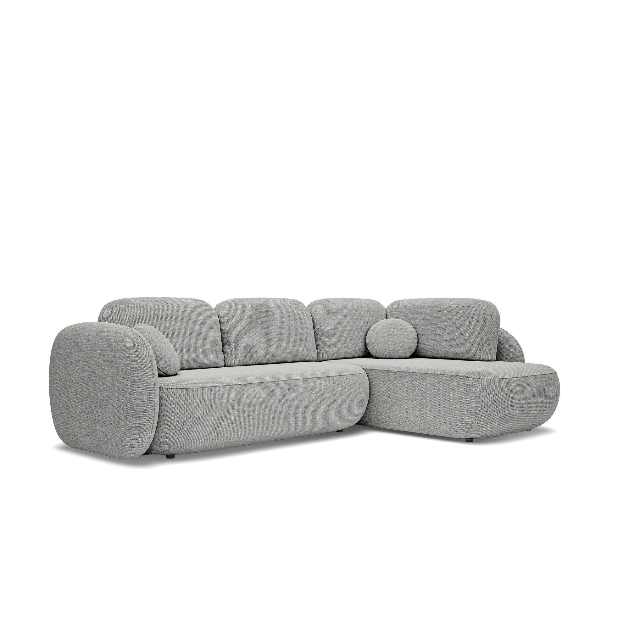 Narożnik z funkcją spania o powierzchni 123x250 w stylu organic modern - tkanina Aragon, zaokrąglona forma, dekoracyjne poduszki | OLEMO Prawostronny Stalowa Szarość (ARAGON 83)