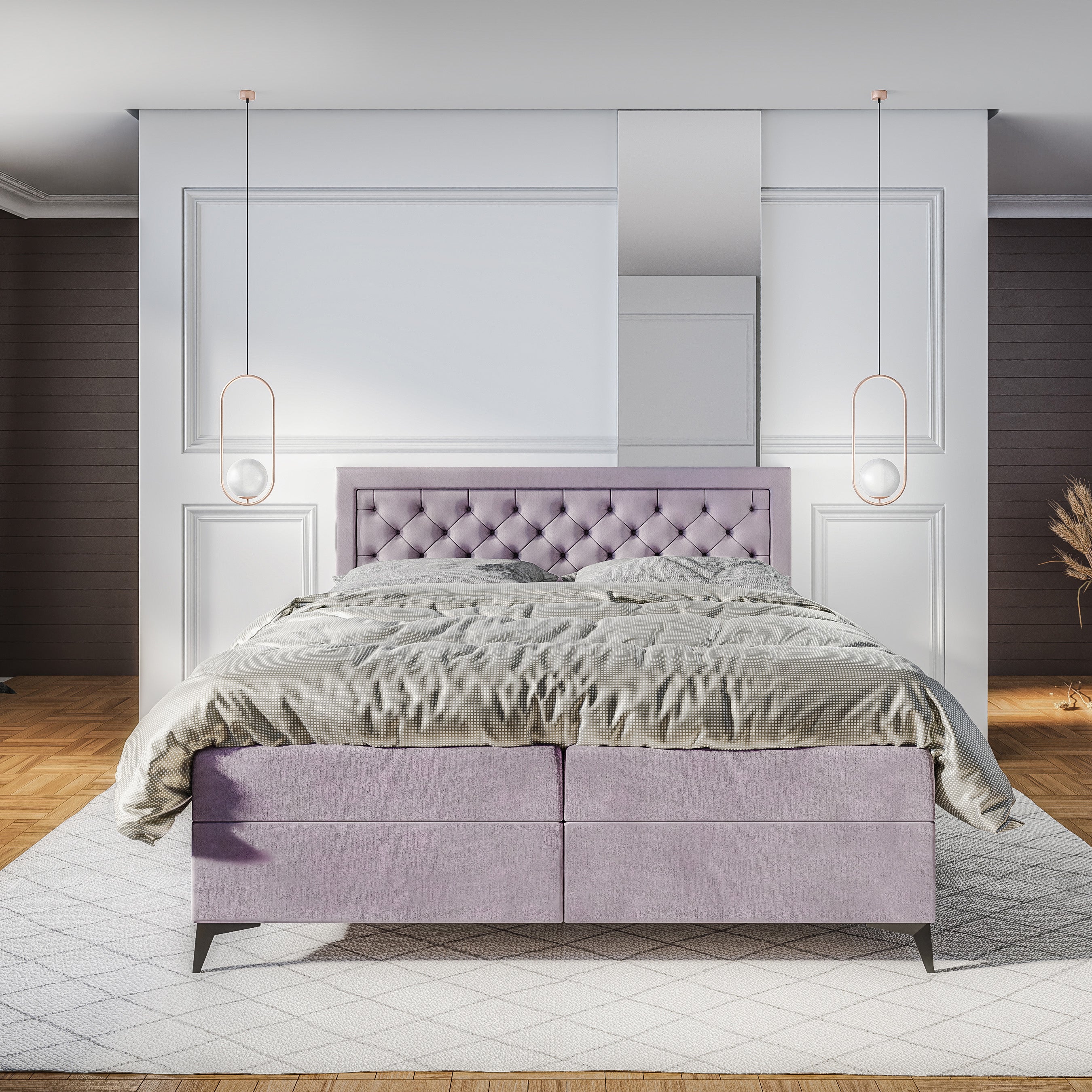 Kontinentalbett mit gestepptem Kopfteil und zwei Bettkästen im Glamour-Stil | Rosselia