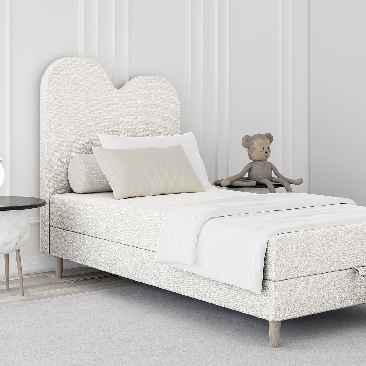 Kinder-Kontinentalbett mit gewelltem Kopfteil und Bettkasten im Soft-Modern-Stil | Mellia
