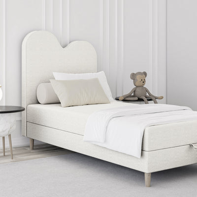 Kinder-Kontinentalbett mit gewelltem Kopfteil und Bettkasten im Soft-Modern-Stil | Mellia