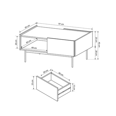 Couchtisch 97x45 cm im modernen Stil mit Schublade und Regalboden | Bema