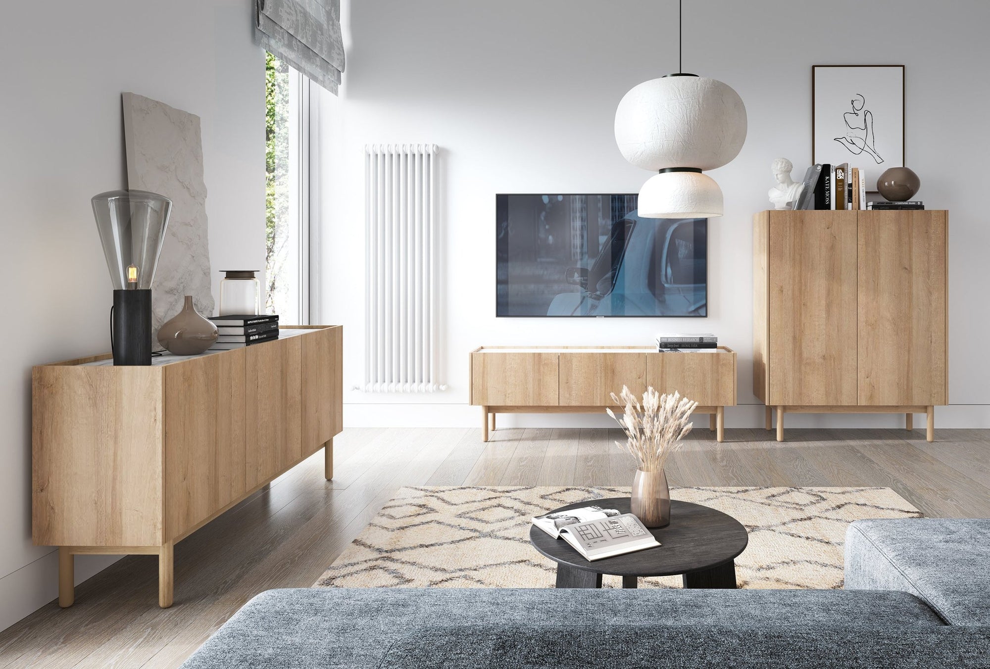 Komoda 144x83 w stylu skandynawskim - jasny dąb, blat marmur biały, drewniane nogi | Anawa
