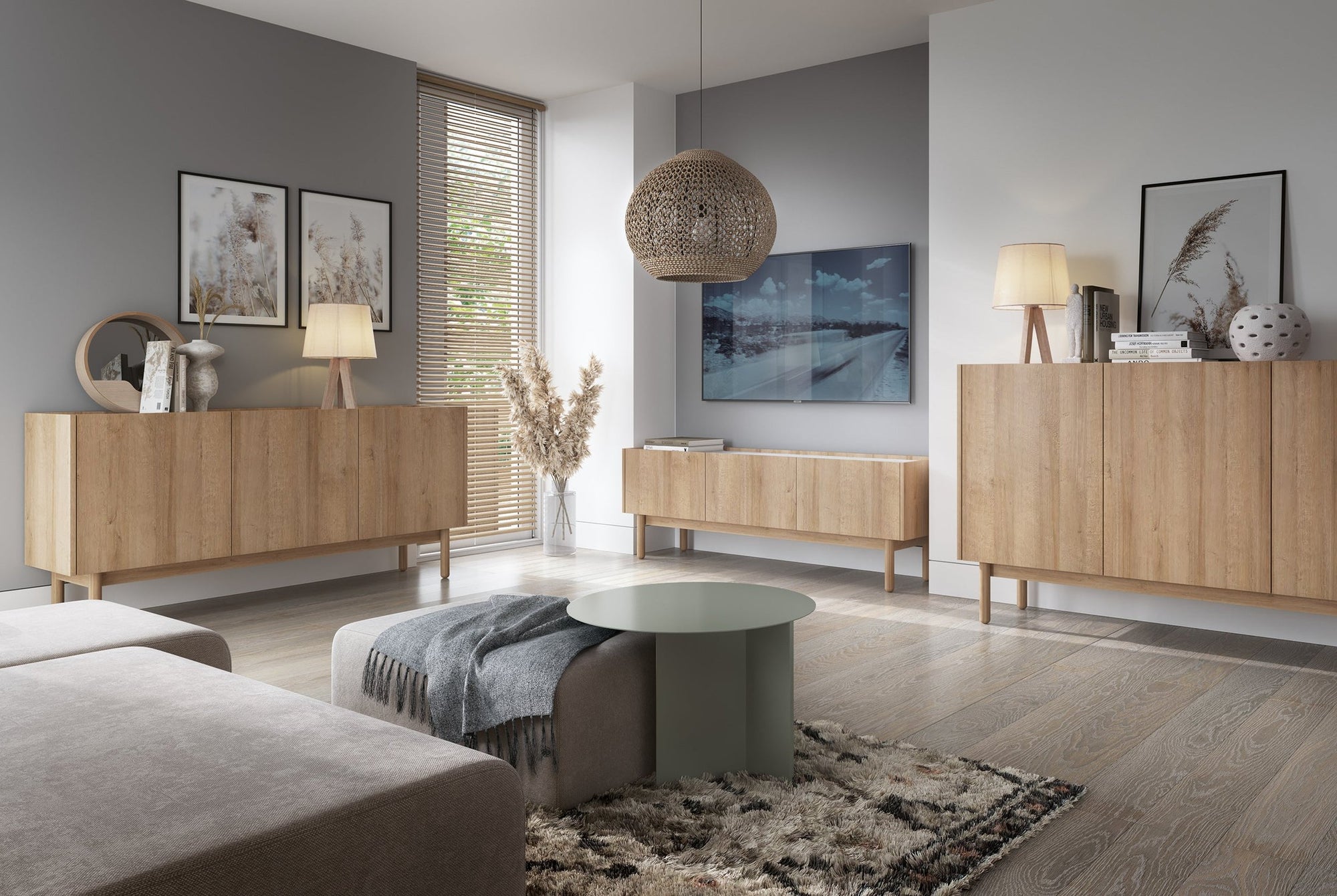 Komoda 144x83 w stylu skandynawskim - jasny dąb, blat marmur biały, drewniane nogi | Anawa