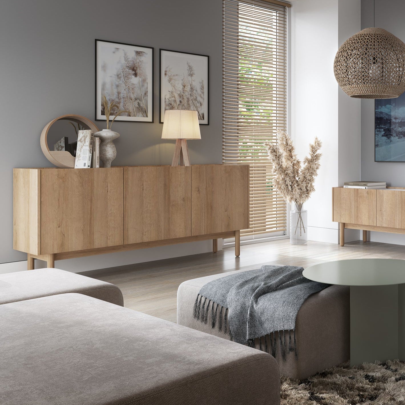 Szafka RTV 144x48 w stylu Boho – dąb riviera, blat marmur bianco | Anawa