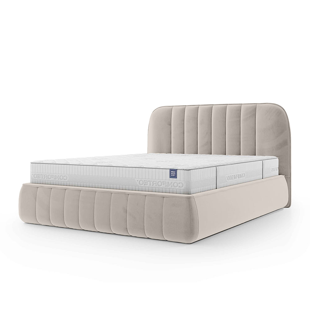 Łóżko tapicerowane z pojemnikiem w stylu soft minimalism – zaokrąglone krawędzie, pionowe przeszycia | Carla 200 Lniana Biel (FRESH 02)