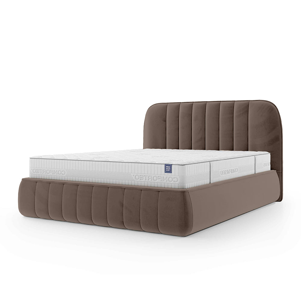Łóżko tapicerowane z pojemnikiem w stylu soft minimalism – zaokrąglone krawędzie, pionowe przeszycia | Carla 200 Kora Drzewa (FRESH 04)