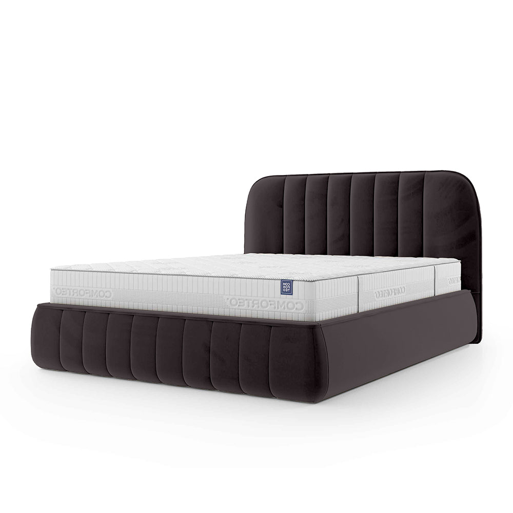 Łóżko tapicerowane z pojemnikiem w stylu soft minimalism – zaokrąglone krawędzie, pionowe przeszycia | Carla 200 Brąz Palony (FRESH 05)