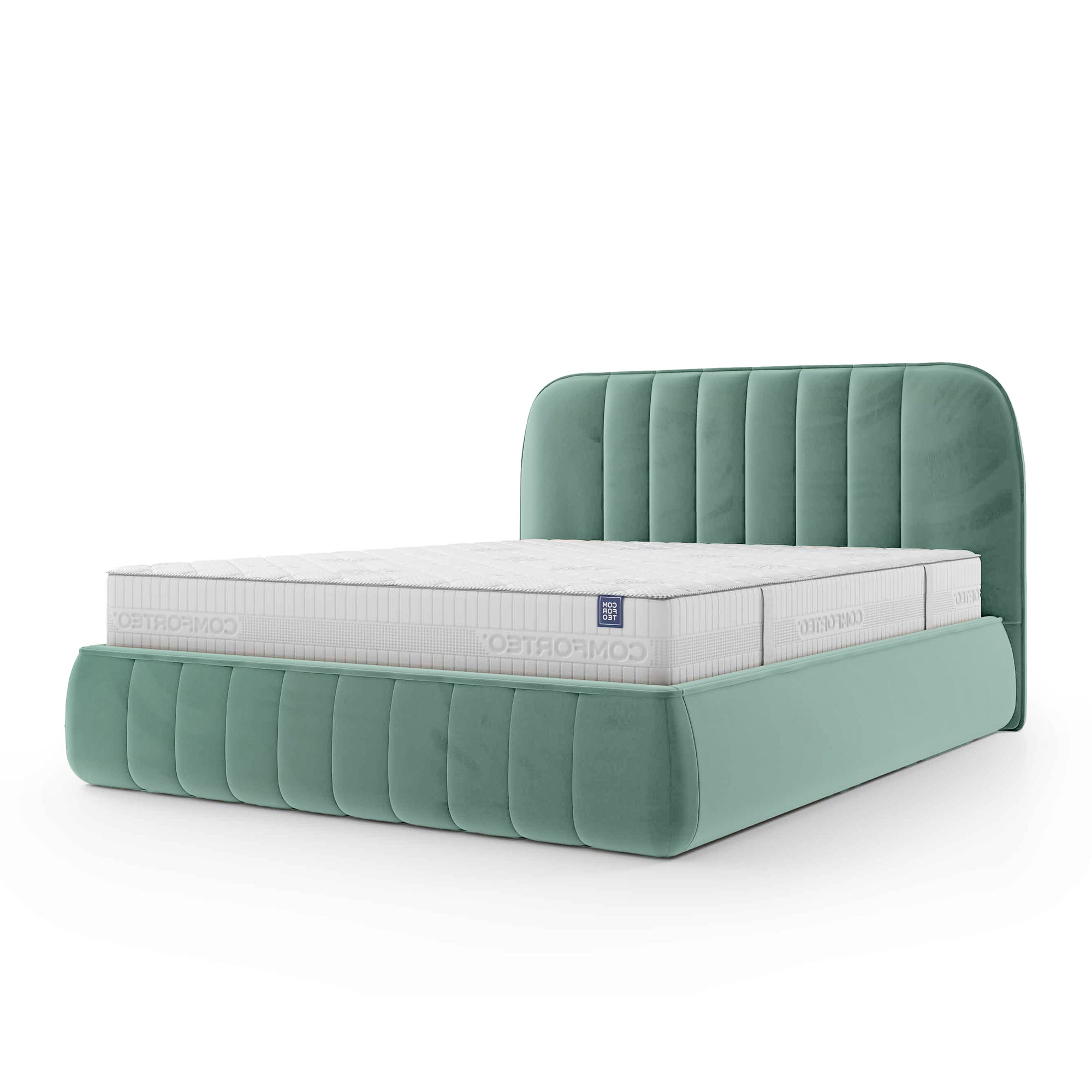 Łóżko tapicerowane z pojemnikiem w stylu soft minimalism – zaokrąglone krawędzie, pionowe przeszycia | Carla 200 Szmaragdowa Głębia (FRESH 10)