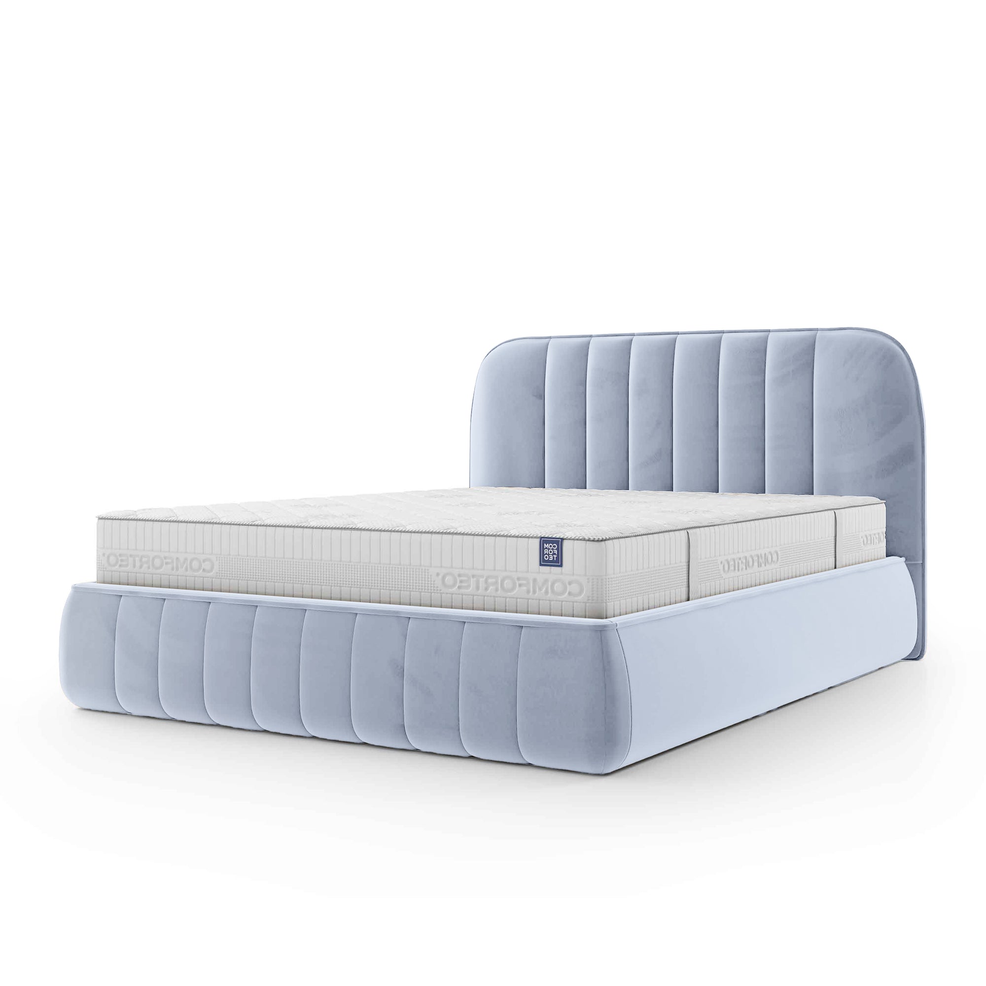 Łóżko tapicerowane z pojemnikiem w stylu soft minimalism – zaokrąglone krawędzie, pionowe przeszycia | Carla 200 Lodowy Poranek (FRESH 33)