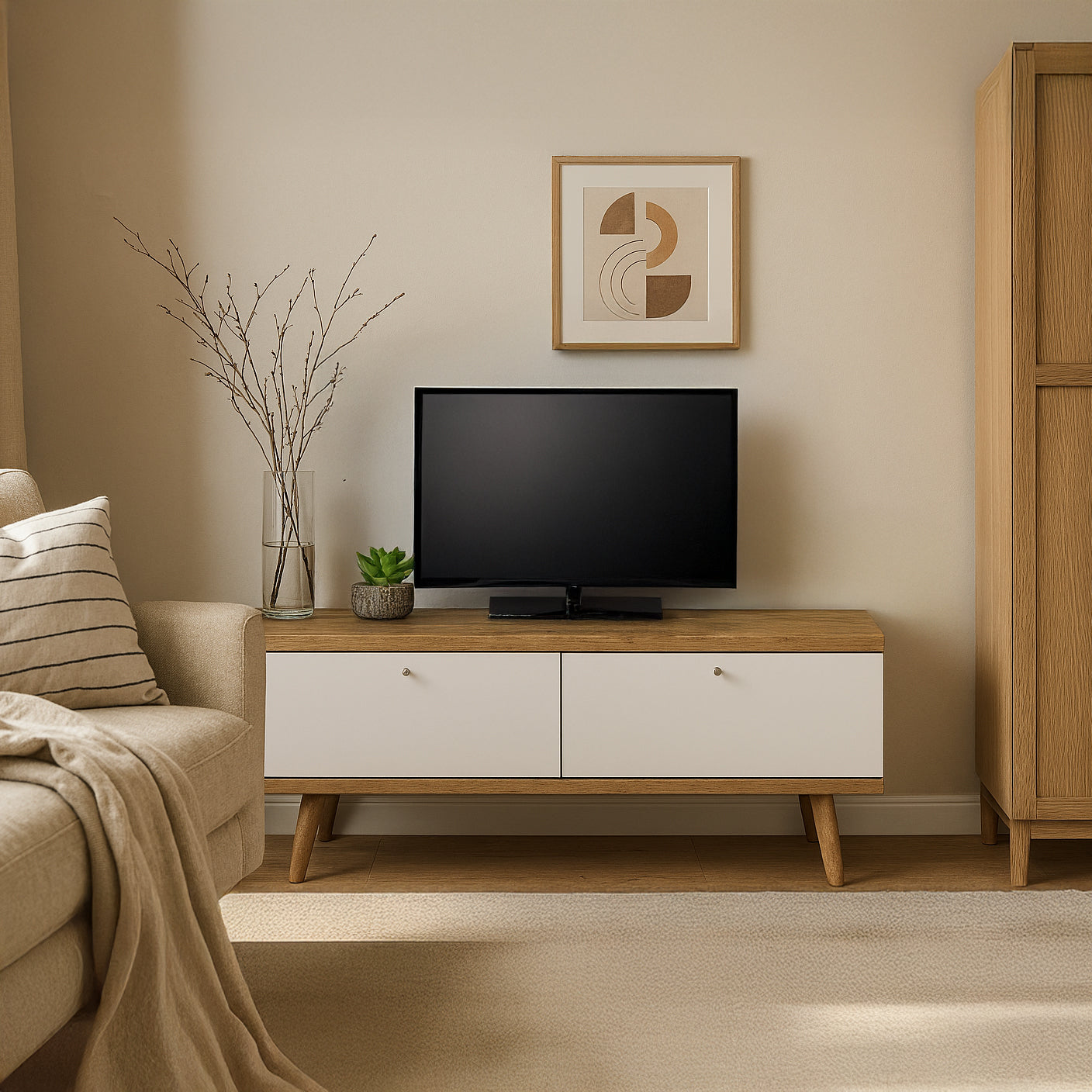 Szafka RTV pod telewizor 107x50 w stylu skandynawskim - dąb riviera, drewniane nóżki, fronty MDF | Lato