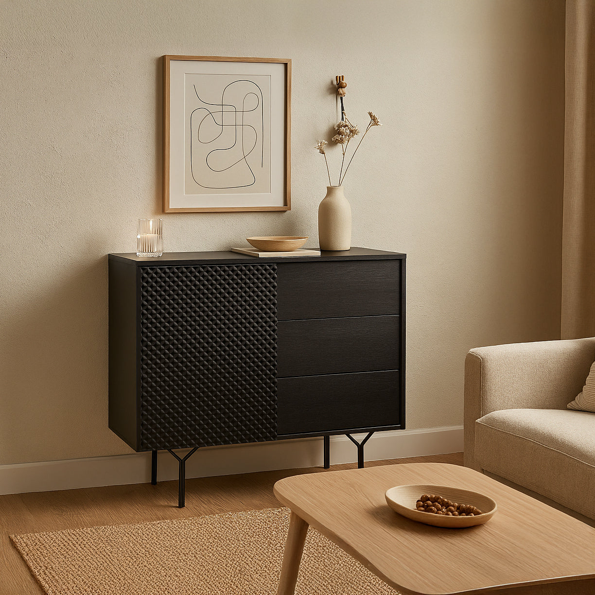 Komoda 97x83 w stylu industrialnym - frezowane fronty 3D, push-to-open, stalowe nogi | Rubin