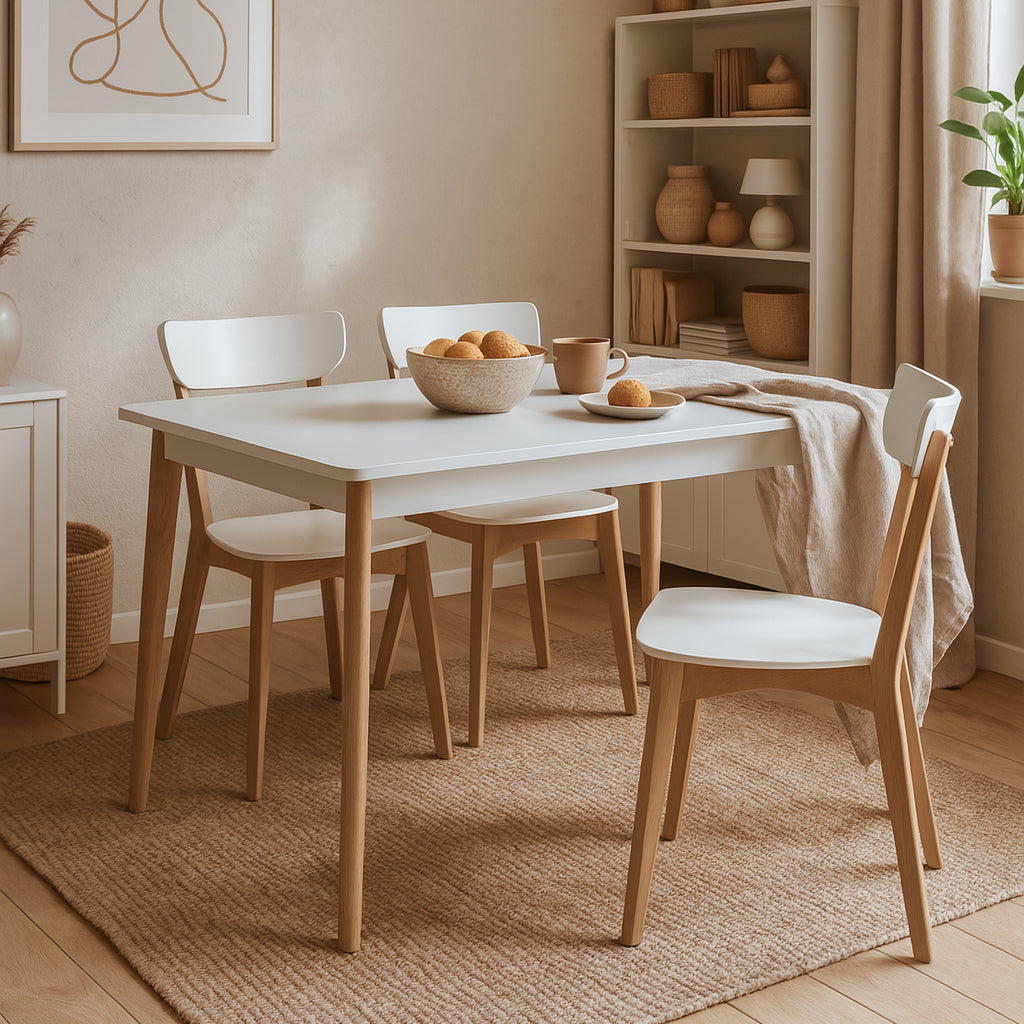 Stół rozkładany 140–180 cm do jadalni w stylu skandynawskim – płyta MDF, biały blat, nogi dąb riviera | Lato
