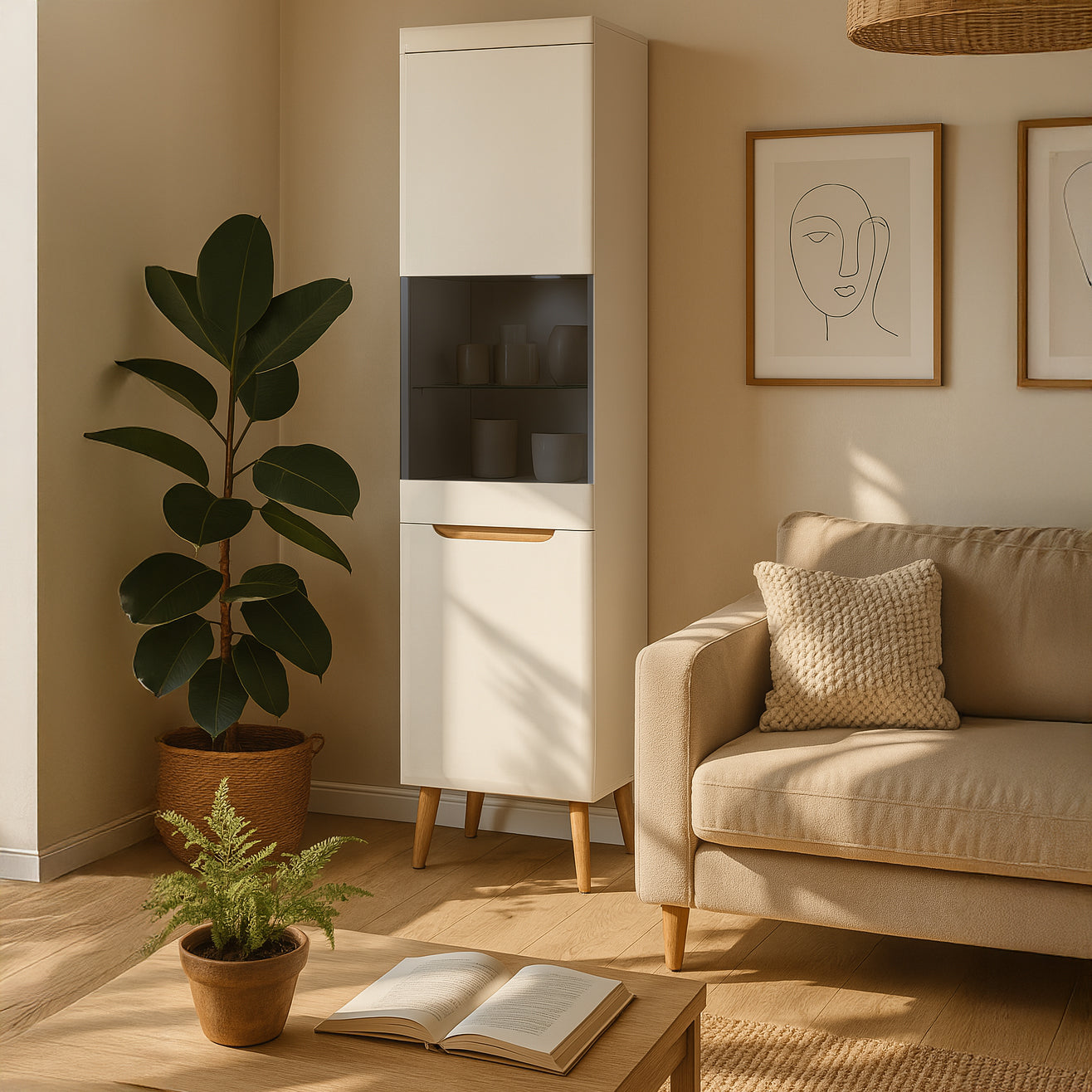 Witryna przeszklona 53x197 cm w stylu skandynawskim – biały połysk, cichy domyk | TRAVA