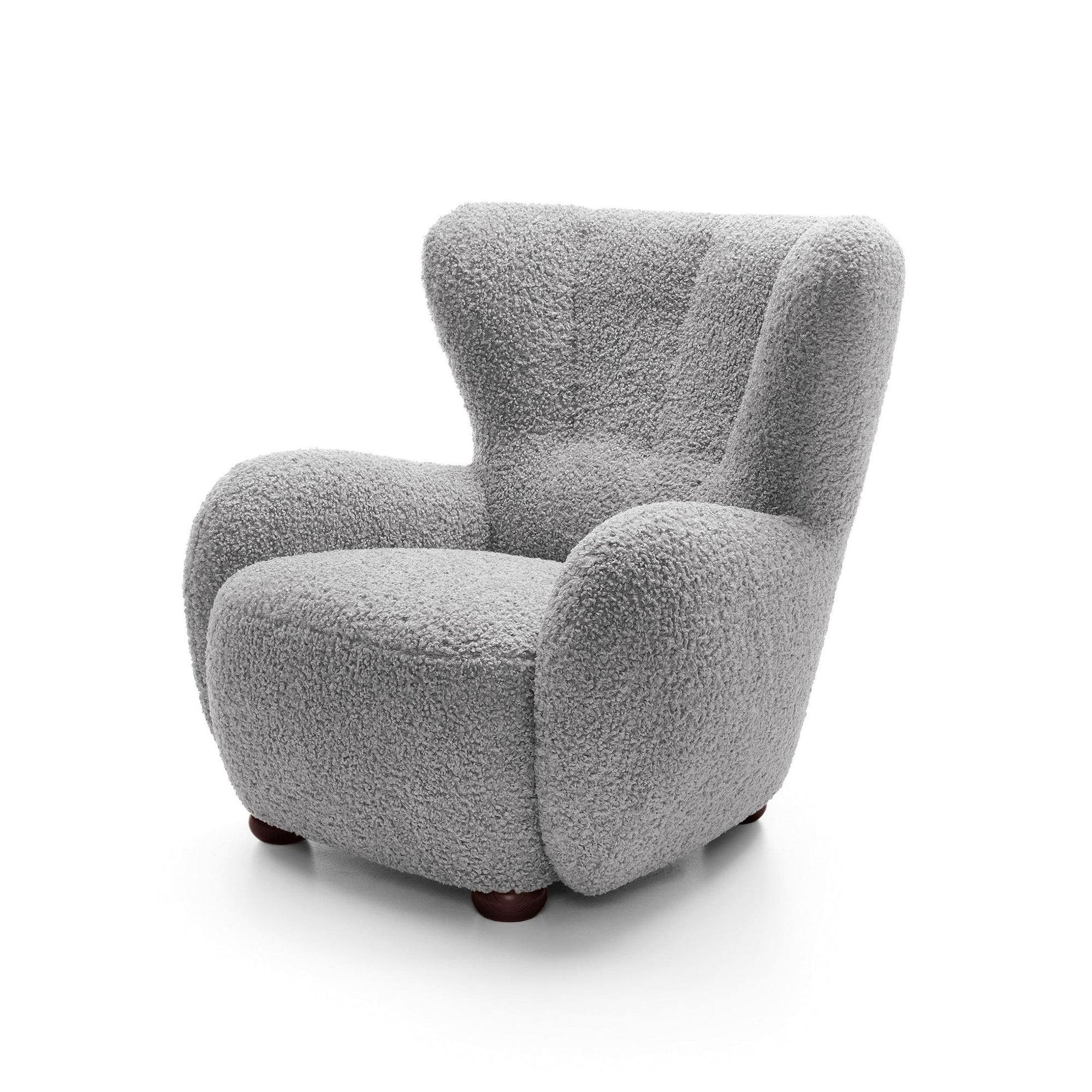 Fotel 88 cm do relaksu w stylu skandynawskim – tkanina ROLF bouclé, drewniane nogi | Tedi Popielisty Grafit (ROLF 06) Orzech