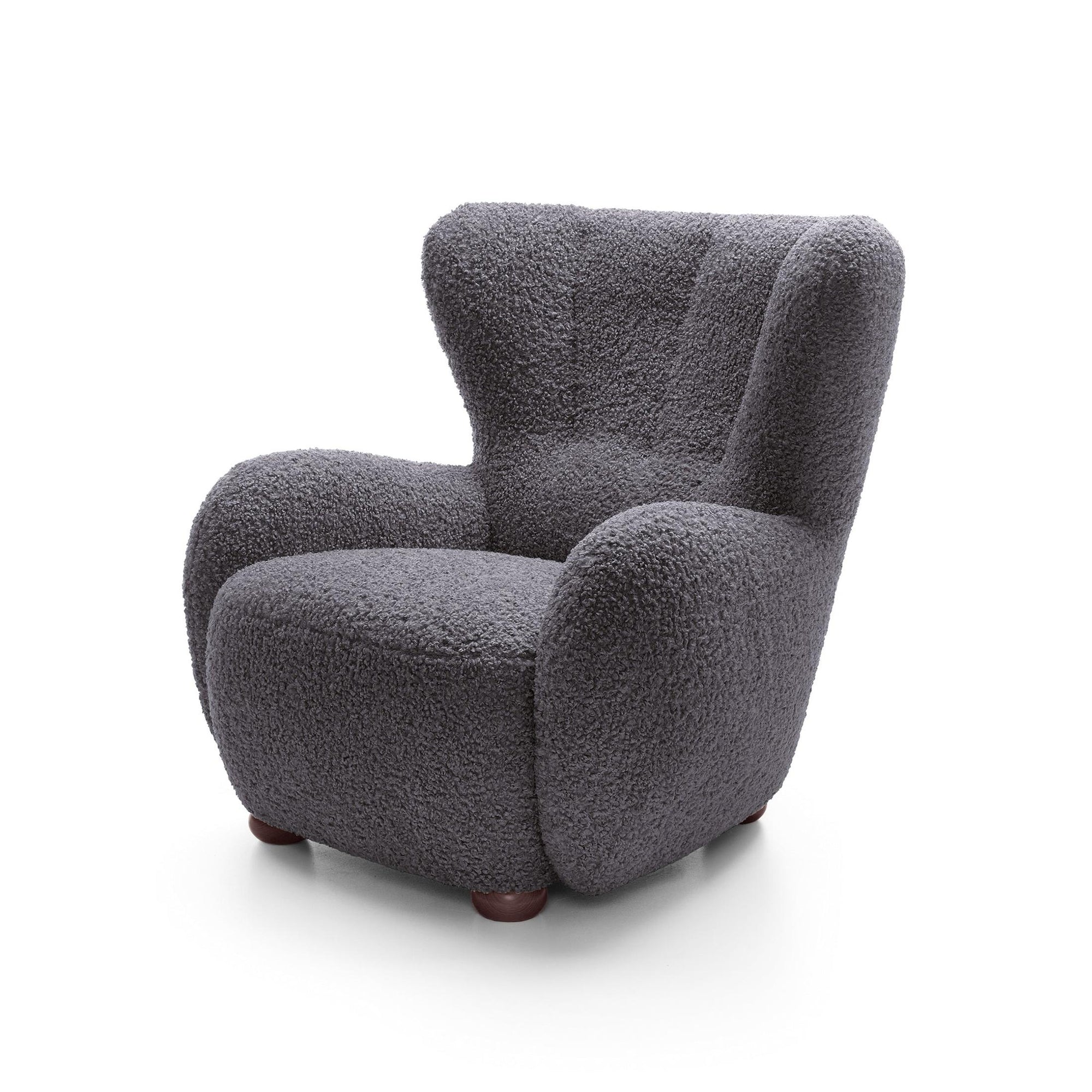 Fotel 88 cm do relaksu w stylu skandynawskim – tkanina ROLF bouclé, drewniane nogi | Tedi Czarny Heban (ROLF 08) Orzech