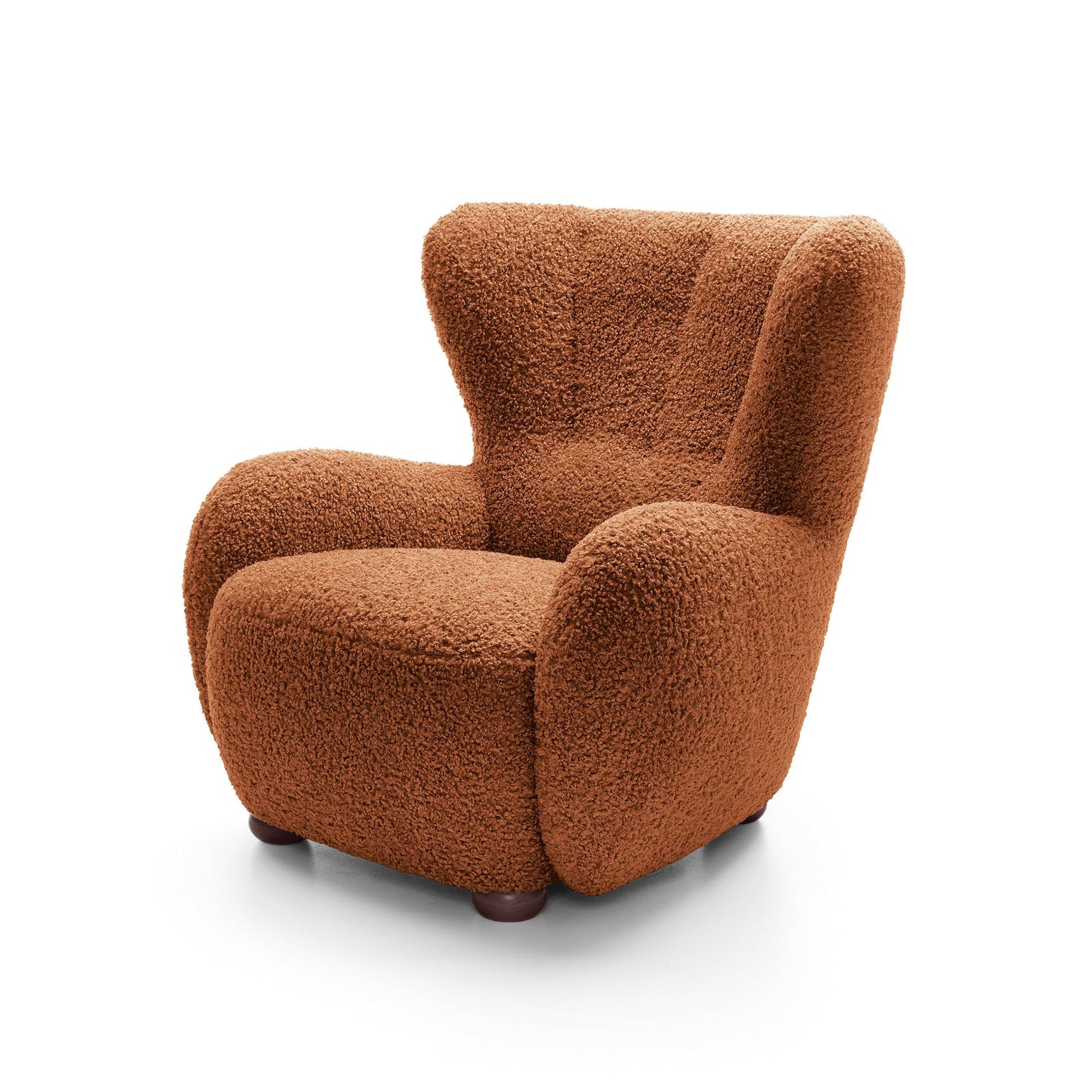 Fotel 88 cm do relaksu w stylu skandynawskim – tkanina ROLF bouclé, drewniane nogi | Tedi Mahoniowy Mat (ROLF 10) Orzech