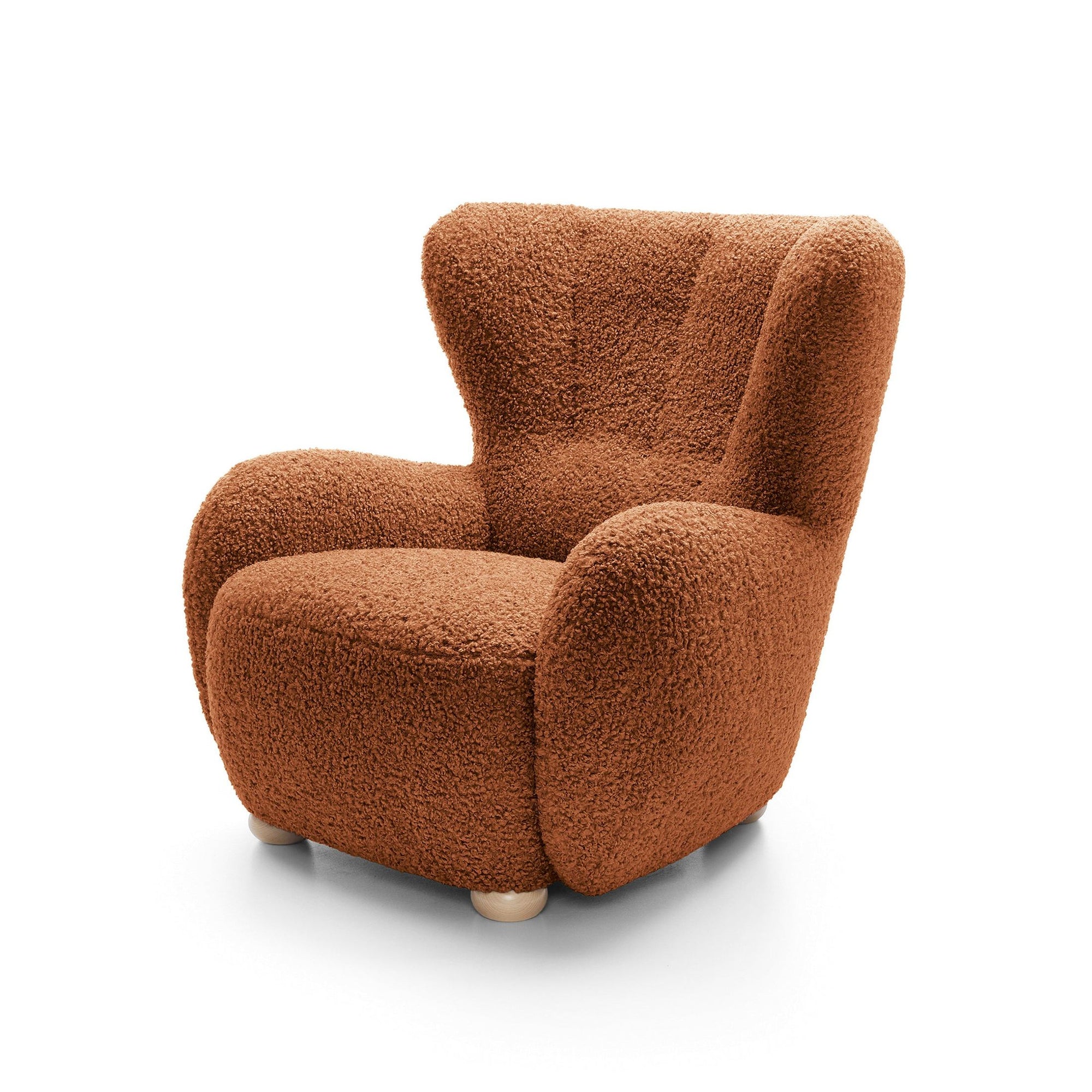 Fotel 88 cm do relaksu w stylu skandynawskim – tkanina ROLF bouclé, drewniane nogi | Tedi Mahoniowy Mat (ROLF 10) Buk