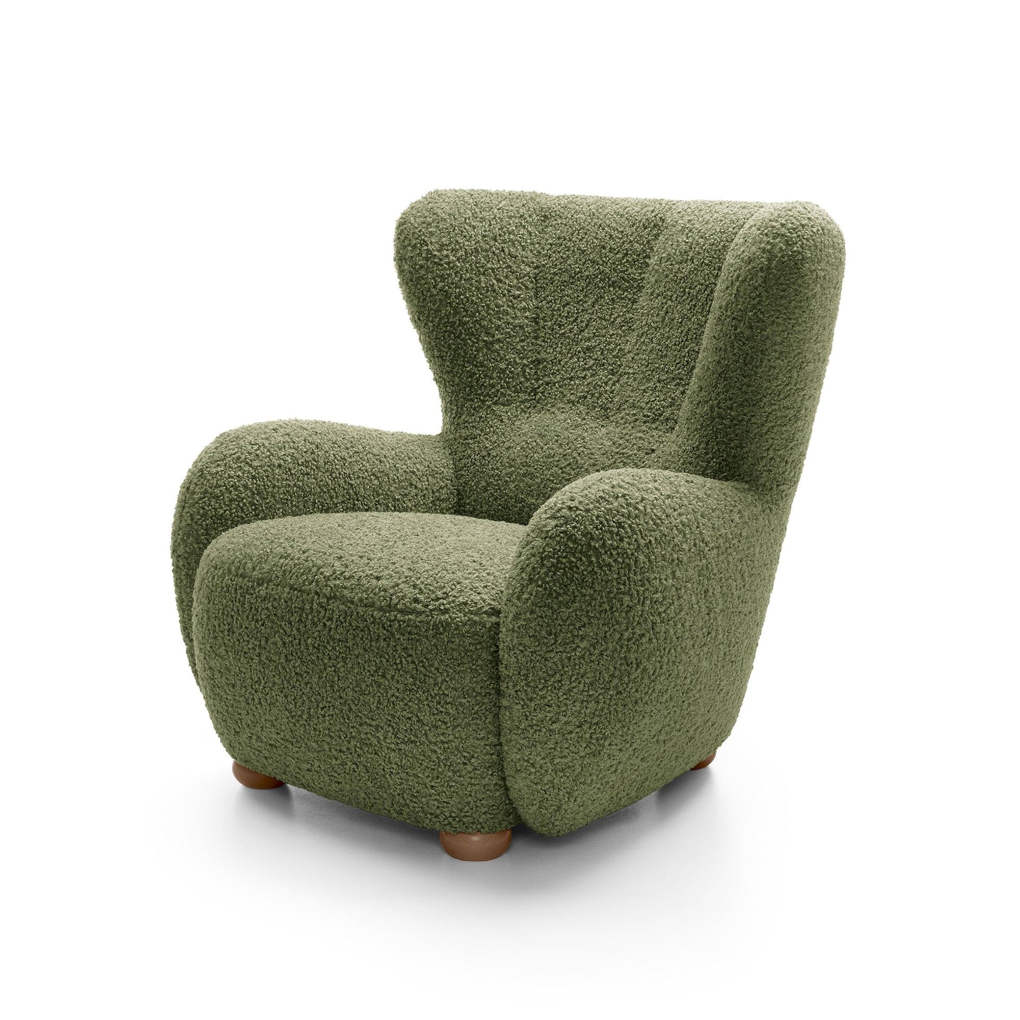Fotel 88 cm do relaksu w stylu skandynawskim – tkanina ROLF bouclé, drewniane nogi | Tedi Oliwkowa Zieleń (ROLF 14) Dąb