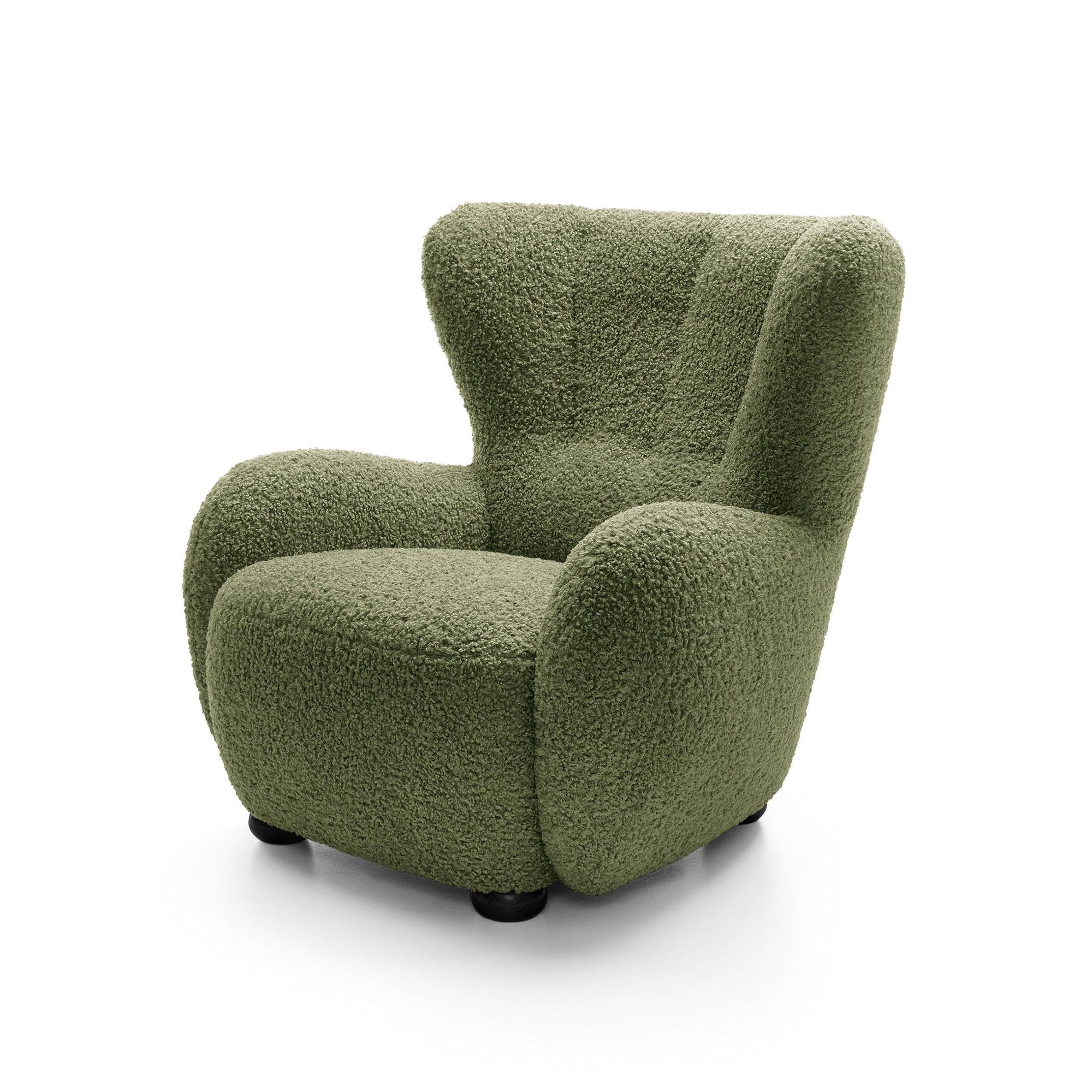 Fotel 88 cm do relaksu w stylu skandynawskim – tkanina ROLF bouclé, drewniane nogi | Tedi Oliwkowa Zieleń (ROLF 14) Czarny