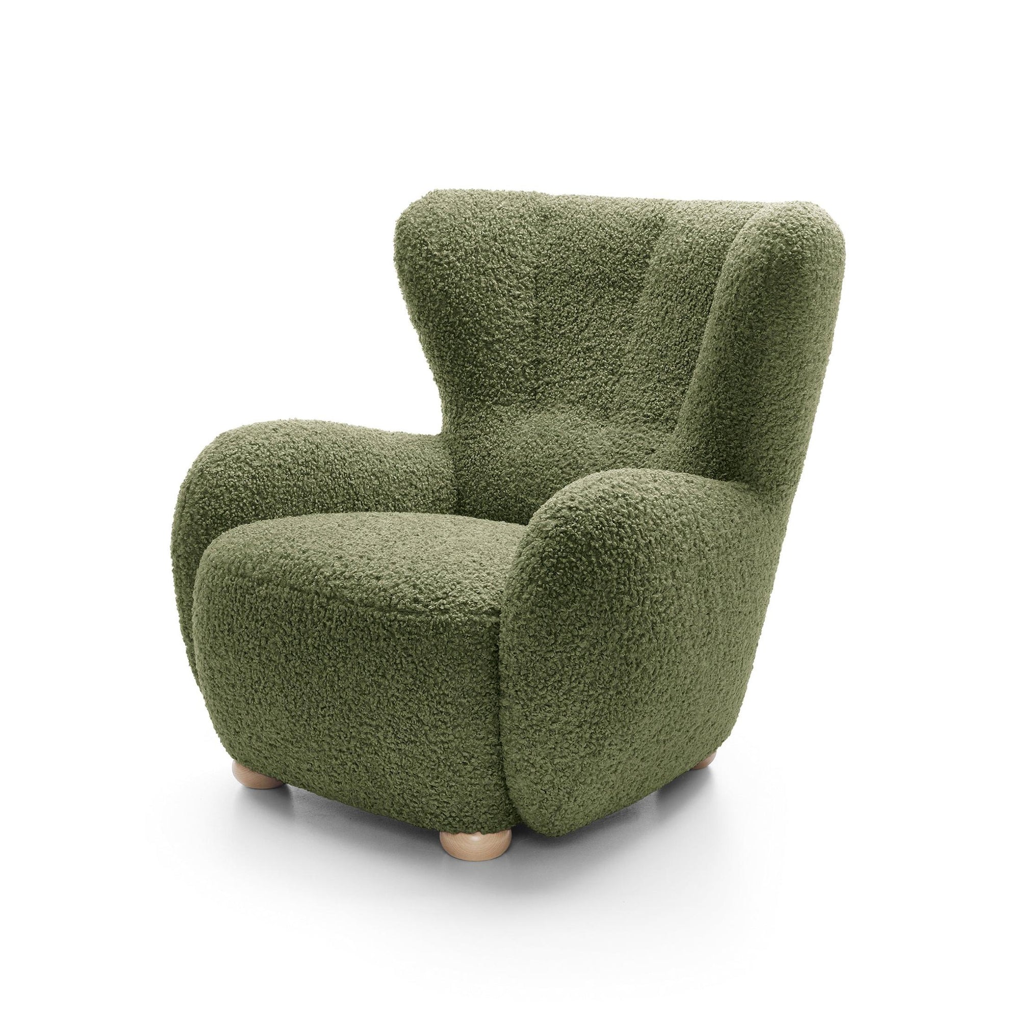 Fotel 88 cm do relaksu w stylu skandynawskim – tkanina ROLF bouclé, drewniane nogi | Tedi Oliwkowa Zieleń (ROLF 14) Buk