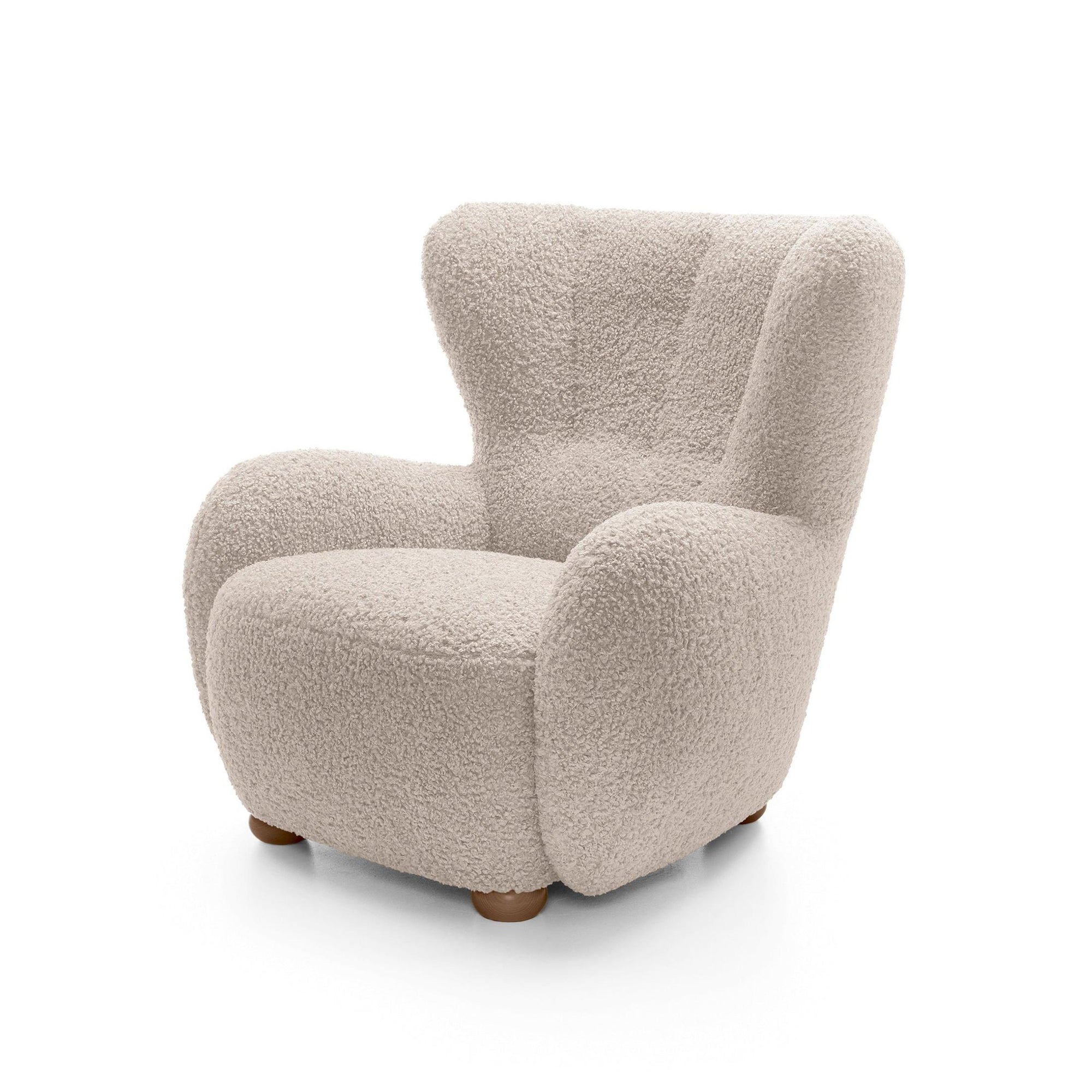 Fotel 88 cm do relaksu w stylu skandynawskim – tkanina ROLF bouclé, drewniane nogi | Tedi Karmelowy Piasek (ROLF 02) Dąb