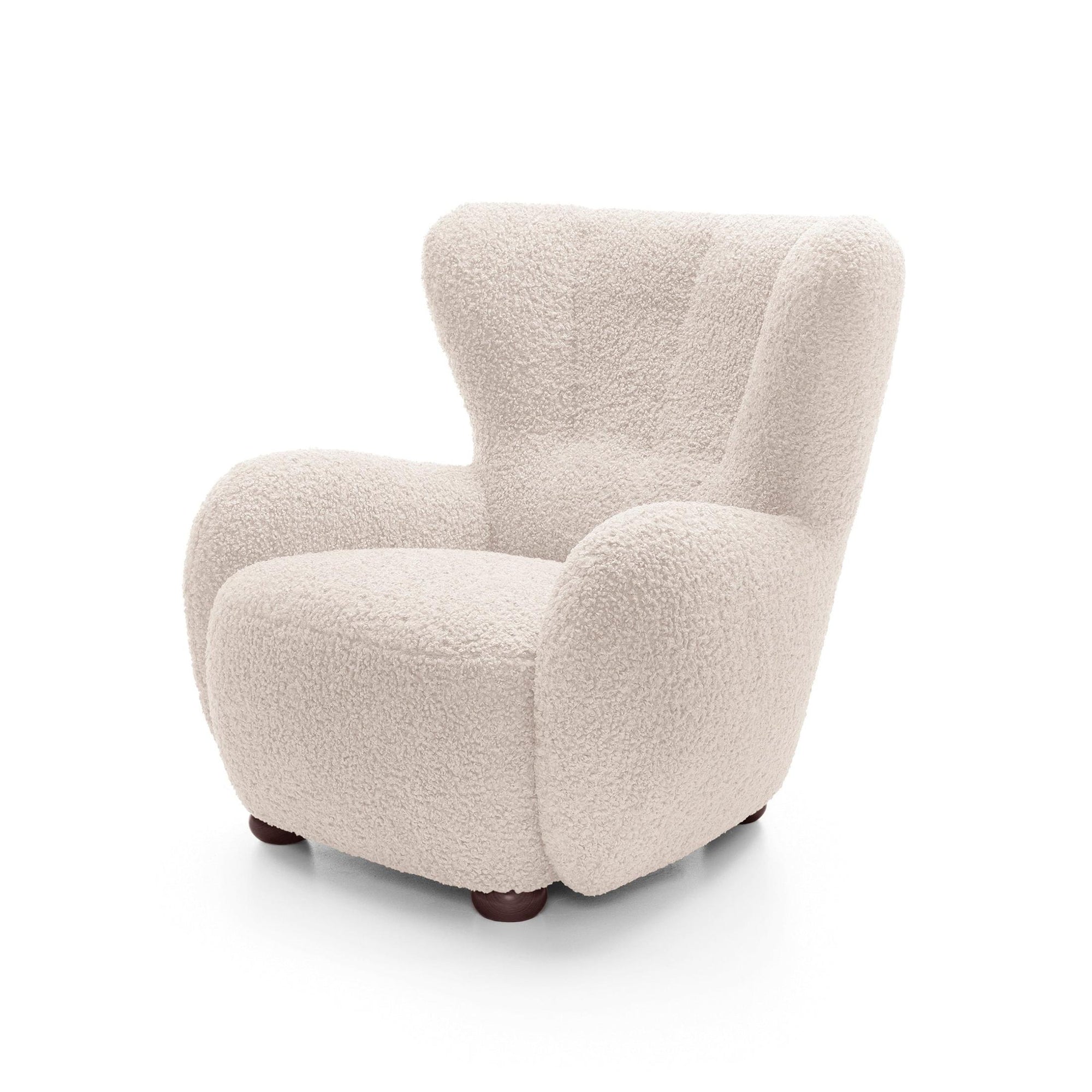 Fotel 88 cm do relaksu w stylu skandynawskim – tkanina ROLF bouclé, drewniane nogi | Tedi Perłowy Krem (ROLF 03) Orzech