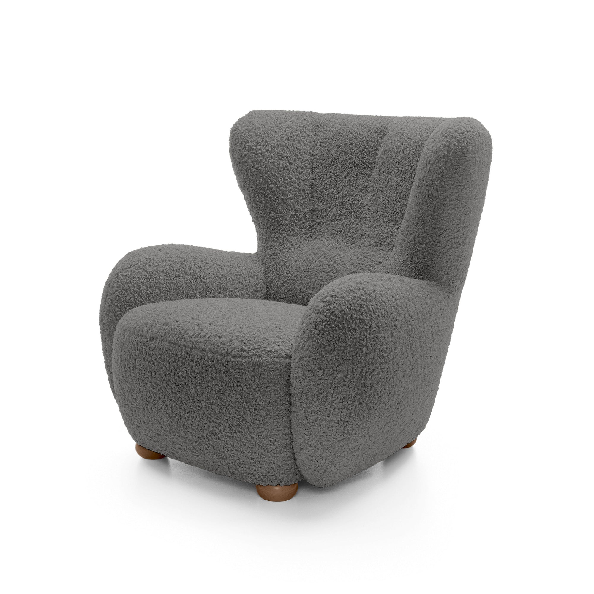 Fotel 88 cm do relaksu w stylu skandynawskim – tkanina ROLF bouclé, drewniane nogi | Tedi Bazaltowy Brąz (ROLF 07) Dąb
