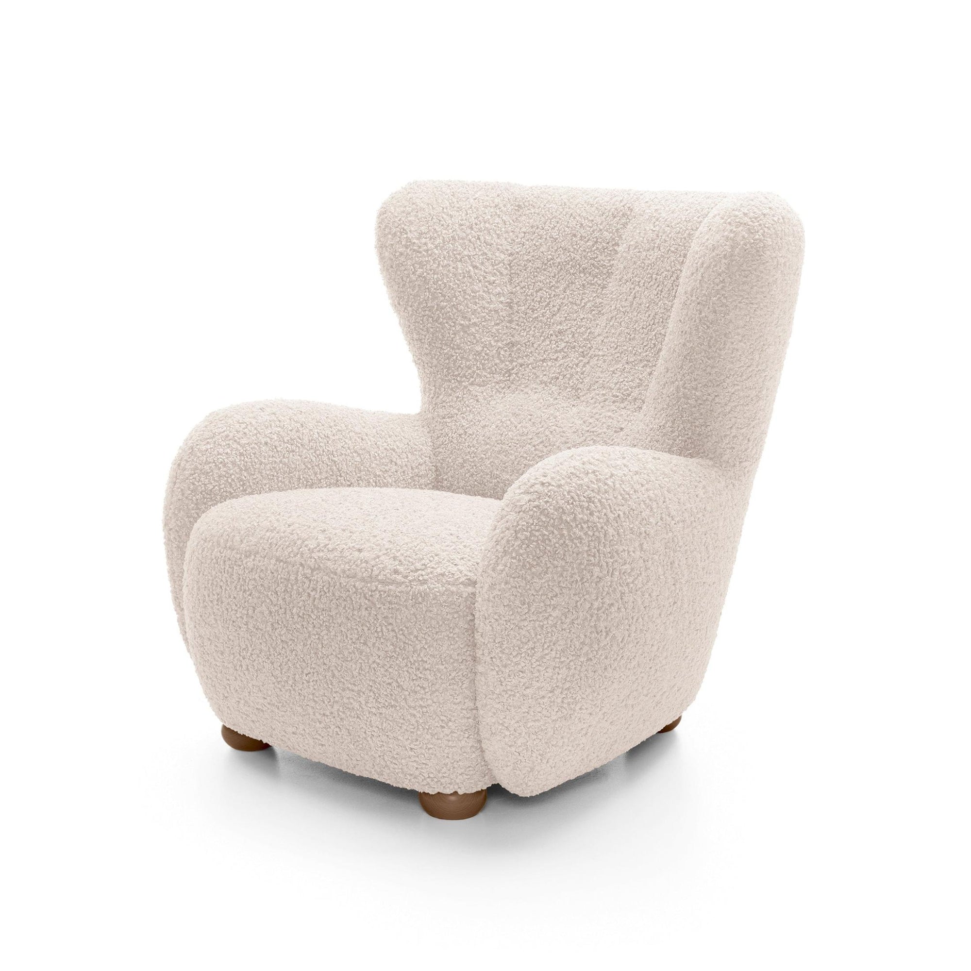 Fotel 88 cm do relaksu w stylu skandynawskim – tkanina ROLF bouclé, drewniane nogi | Tedi Perłowy Krem (ROLF 03) Dąb