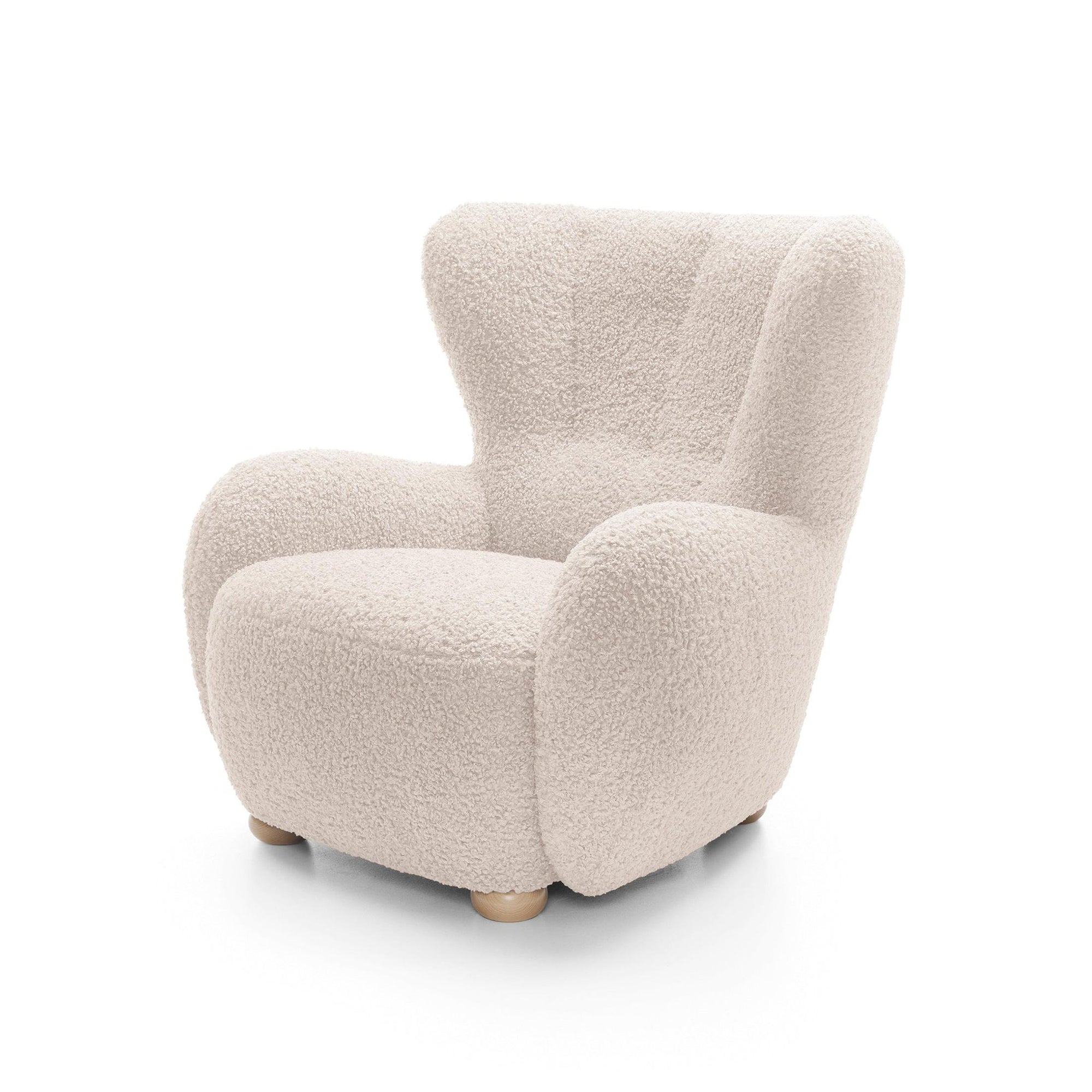 Fotel 88 cm do relaksu w stylu skandynawskim – tkanina ROLF bouclé, drewniane nogi | Tedi Perłowy Krem (ROLF 03) Buk